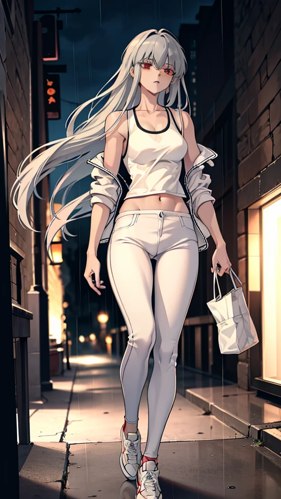 (8k, best quality, masterpiece:1.2), (best quality:1.0), (ultra-high resolution:1.0), anime girl, long grey hair, tight white tank top, long skintight white pants, loose thin pastel pink jacket, crimson red eyes, fierce look, athletic build, tall and mature, tying her hair, good anatomy, good hands, dark alley, rainy night, ihwa from herokiller