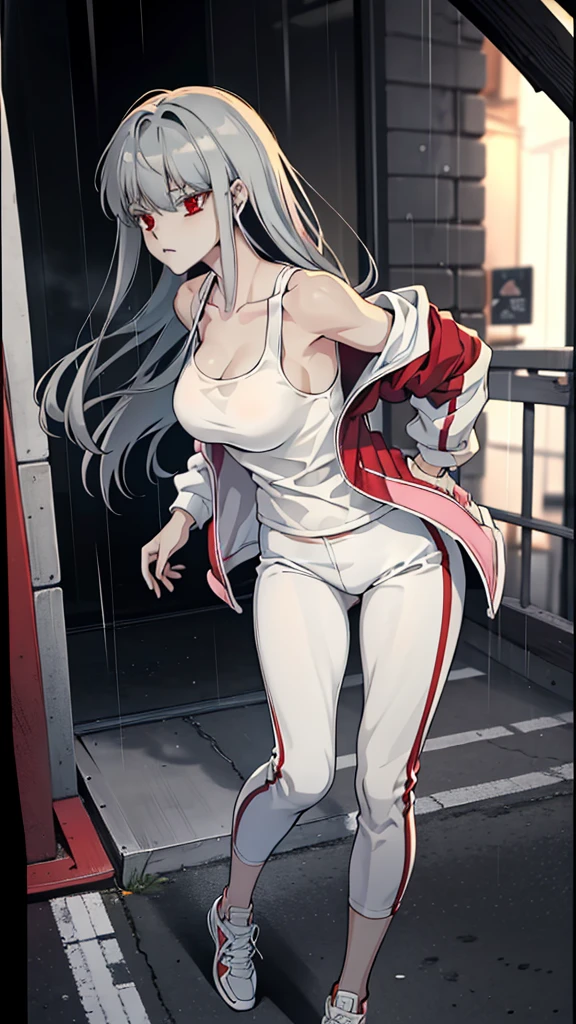 (8k, best quality, masterpiece:1.2), (best quality:1.0), (ultra-high resolution:1.0), anime girl, long grey hair, tight white tank top, long skintight white pants, loose thin pastel pink jacket, crimson red eyes, fierce look, athletic build, tall and mature, tying her hair, good anatomy, good hands, dark alley, rainy night, ihwa from herokiller
