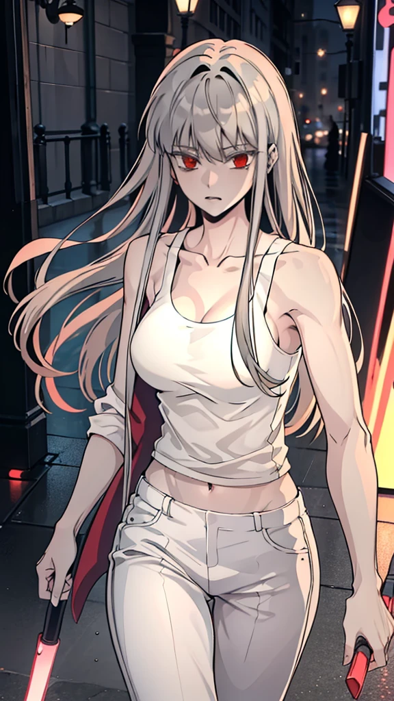 (8k, best quality, masterpiece:1.2), (best quality:1.0), (ultra-high resolution:1.0), anime girl, long grey hair, tight white tank top, long skintight white pants, loose thin pastel pink jacket, crimson red eyes, fierce look, athletic build, tall and mature, tying her hair, good anatomy, good hands, dark alley, rainy night, ihwa from herokiller