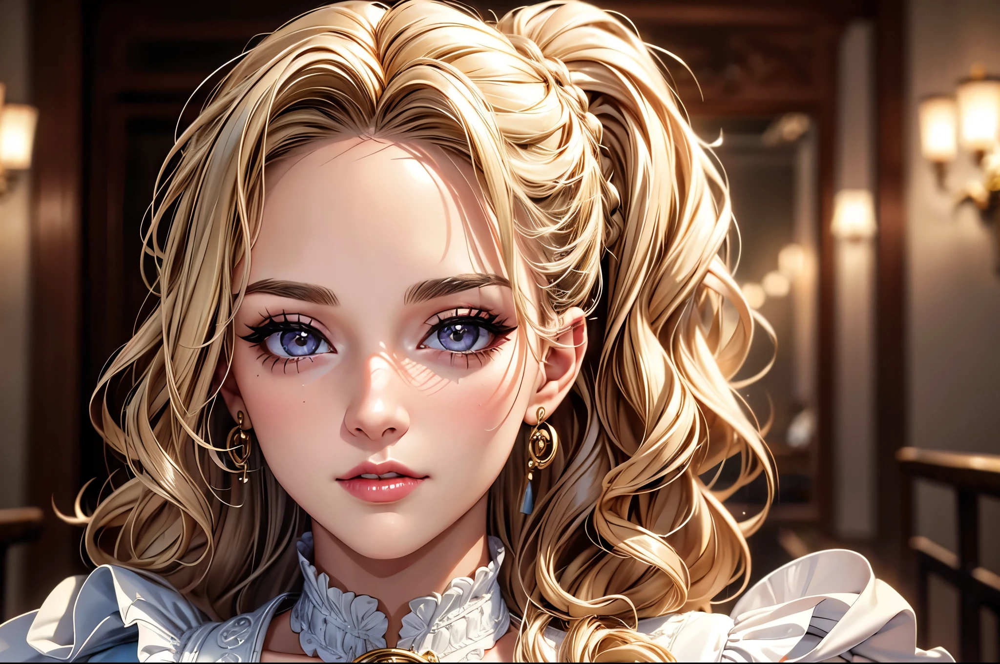 (best quality, 8K, masterpiece:1.3), pretty Woman, 1 girl, beautiful face, (Sexy), blonde hair, curly braided ponytail, White vest, Ultra-detailed face, Detailed lips, super detailed eyes, double eyelids, long upper eyelashes, Soft skin, HD skin, portrait, 8k photo, depth of field, Super detailed, best quality detail, retina, Ultra-high resolution, masterpiece, ccurate
