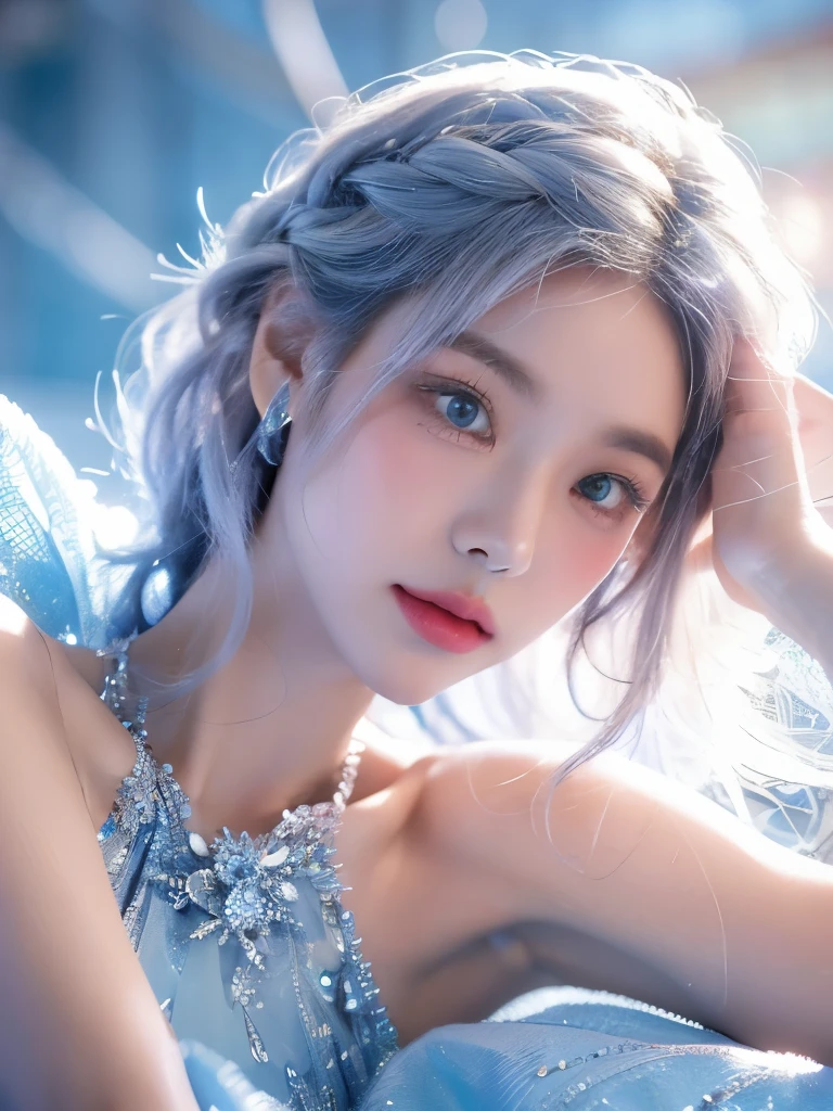 day, Princess of cupid and love,majestic,angelic,glamorous detiled dress,short white hair with light blue at the ends,white/lighr blue/blue/light pink/dark red colour pallete,pretty make-up,glamorous dress,Gorgeous,Jewelry,monochromes,goddess,dark Fantasy,dark Venus,posing,Dynamic Posing,Dramatic,Cinematic,Detailed background,light fantastic view,Best Quality,masutepiece,8K,The ultimate detailed light background, best image quality、RAW photography、超A high resolution、show legs，cropped shoulders，close-up all over the body，Be red in the face,good anatomy （Hand optimization），（Details are strengthened），（High Picture Quality） An 18-year-old female、Shot for one person only、model shoot、medium breasts、Beautiful Eyes of Details、Very slender eyes, Beautiful eyelashes、beautiful double eyelid、Very slim physique, Shy, with blush cheeks,upper body visible,crystals in background 