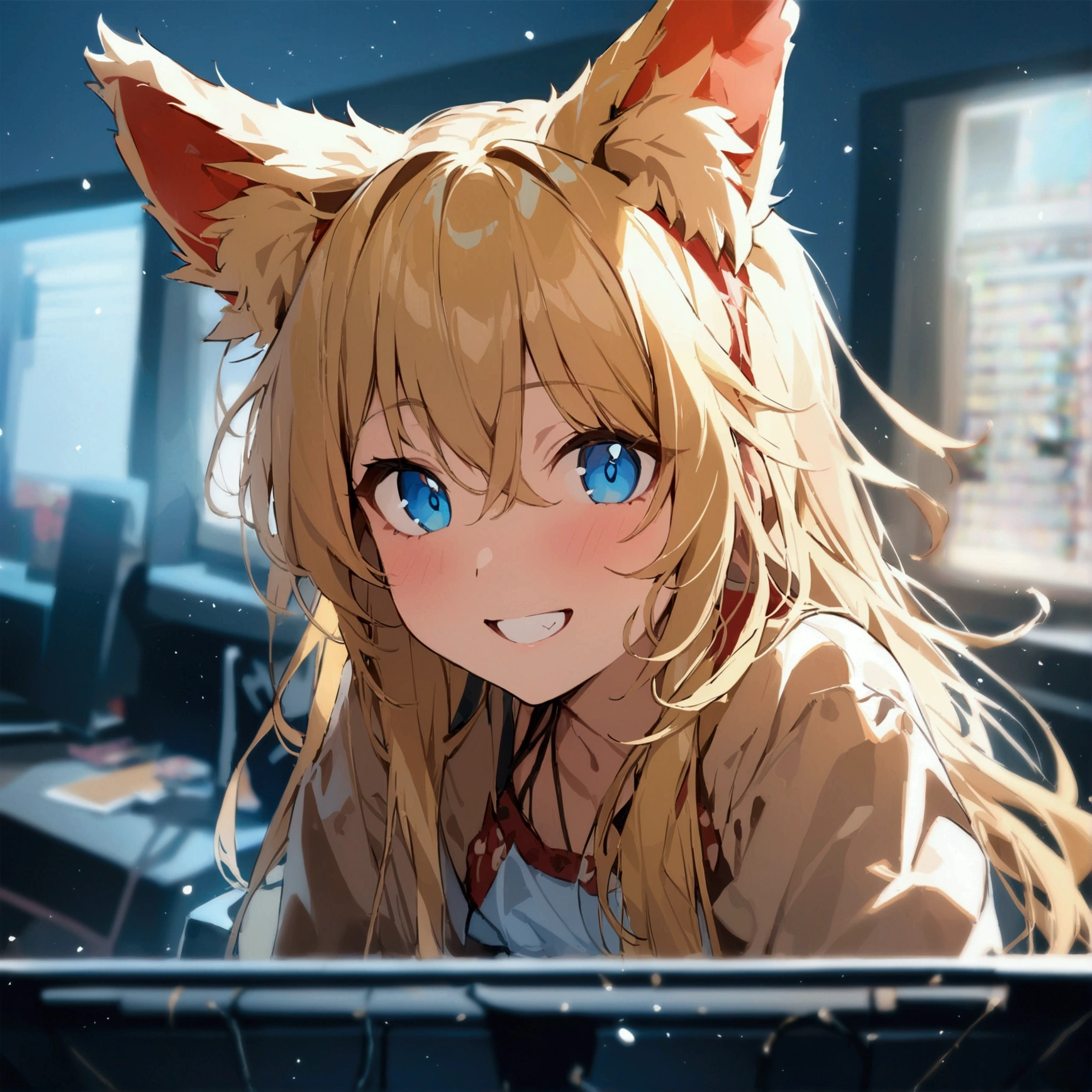 high resolution, looking at the audience,smile,Long bangs hair,golden hair,simple background, Sitting in front of the computer, Masterpiece, decorative arts, best quality, Anatomically correct,Wear a ,girl,blue eyes, Bangs between the eyes, canine teeth, fake animal ears,It has the word KOKI.
