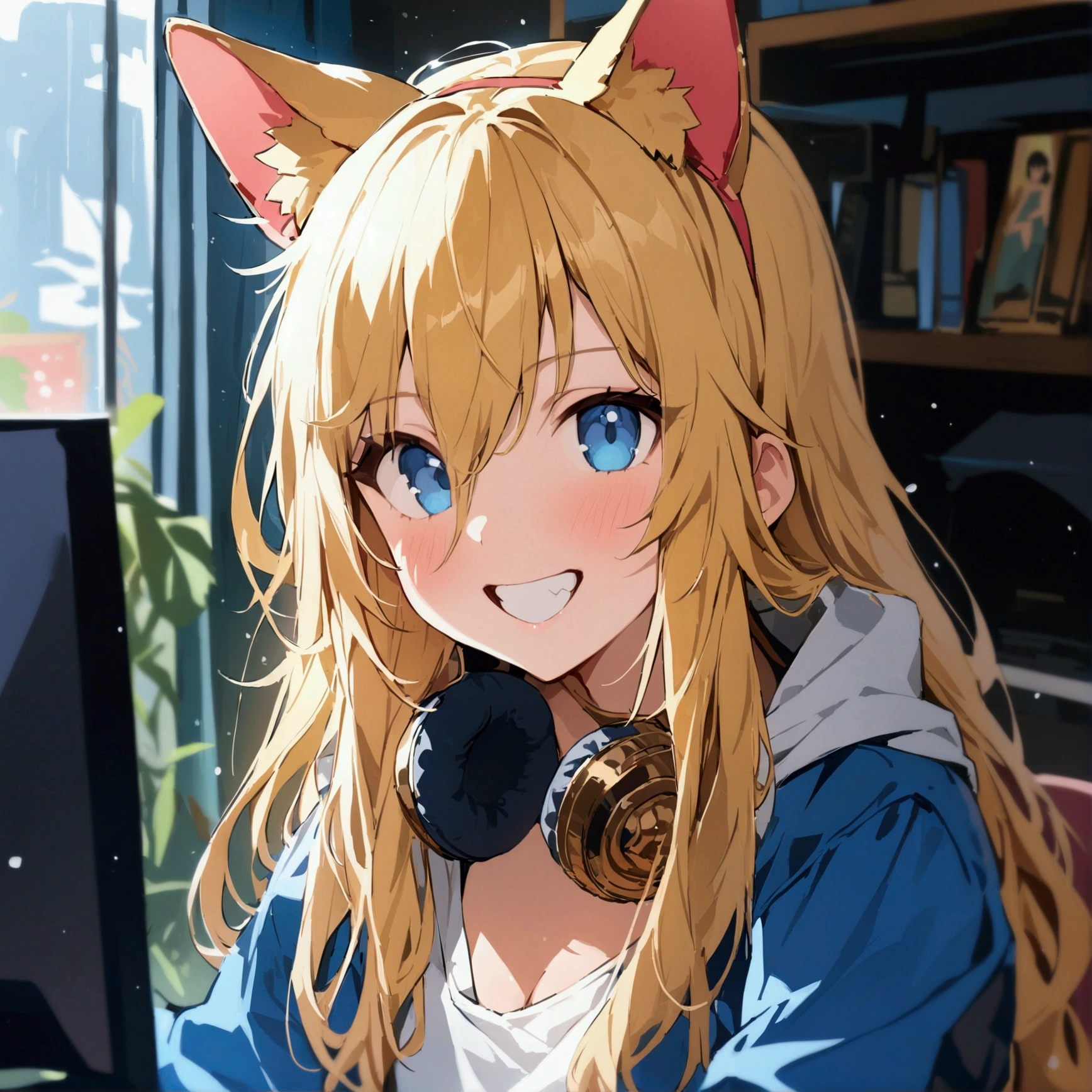 high resolution, looking at the audience,smile,Long bangs hair,golden hair,simple background, Sitting in front of the computer, Masterpiece, decorative arts, best quality, Anatomically correct,Wear a ,girl,blue eyes, Bangs between the eyes, canine teeth, fake animal ears,It has the word KOKI.
