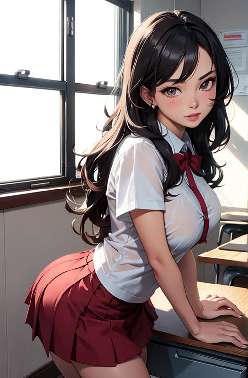 masterpiece, best quality, best lighting, shadows, perfect anatomy, 1 girl, adult anime girl, 21 years old, mature features, showing tits, bitchy face, pretty lips, pretty eyes, black wavy hair, black eyes, seductive eyes, blushing, flirty, pretty smile, tiny red skirt, wet white tight shirt, classroom background, ass, breast, thighs, seductive, spicy, hot, flirty, nsfw,