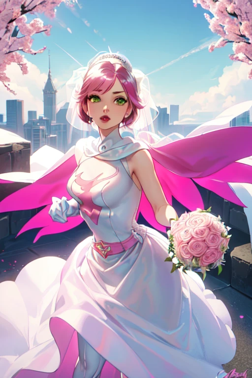 (((masterpiece)),((Highest quality)),((High resolution)), Outdoor, Daytime, Upper Body, Viewer, One person, concentrated, break, Year_Classic_jun_Gatchaman_My waifu, Jun the Swan, One personの女の子, chest, lips, 中chest, 大chest, Green Eyes, lipstick, compensate, eyelash, eye shadow, visor, Helmet, Cape, Elbow pocket, Knee socks, belt, White gloves, Absolute area, mask, skirt, White legwear, Superhero, leotard, (((Pink Wedding Dress:1.4))), 白いCape, ピンクのleotard, , Short Wedding Dresses,