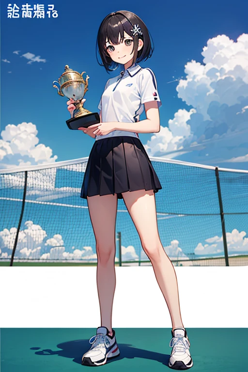 Highest quality、Black Hair、Iris、short hair、girl、cute、16 years old、、Small hair ornament、1 person、Tennis Wear、Award ceremony、Holding up the trophy、Happy expression、Gold medal around one&#39;s neck