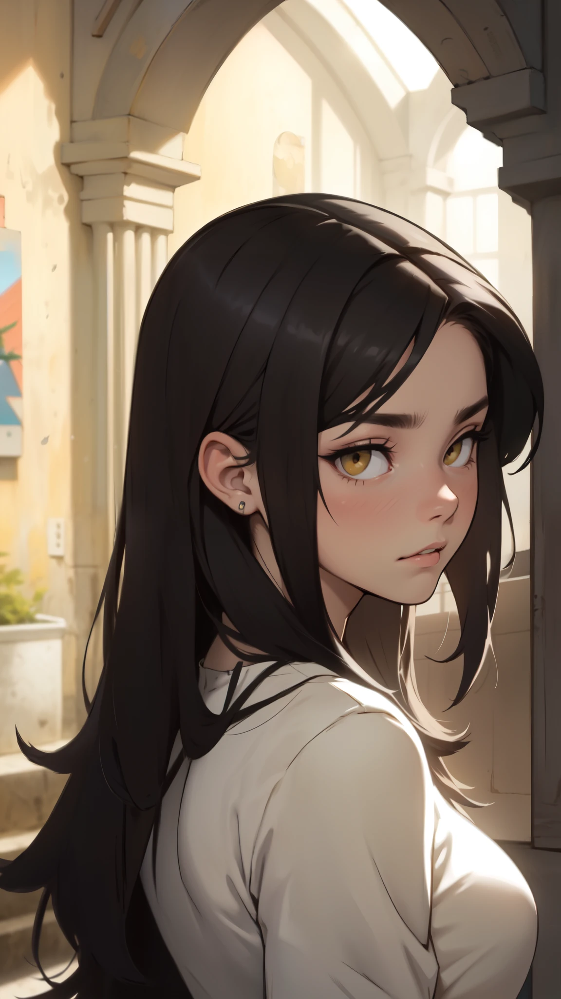 slender girl thick muscular girl black hair yellow eyes pale skin sad girl sad