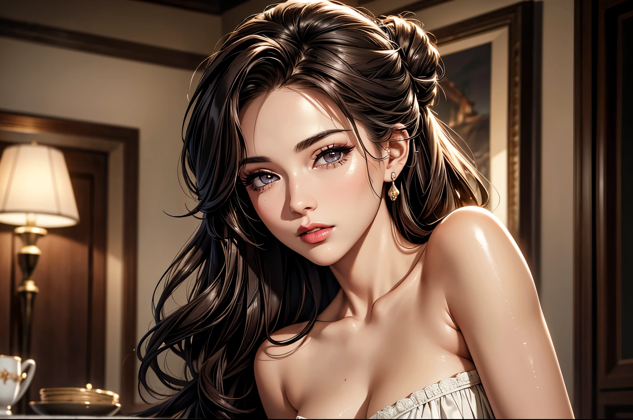 (best quality, 8K, masterpiece:1.3), pretty Woman, 1 girl, beautiful face, (Sexy), Dark brown hair, Half updo Half up half down, Ultra-detailed face, Detailed lips, super detailed eyes, double eyelids, long upper eyelashes, Soft skin, HD skin, Sabah, Sea Holiday House, sea, 8k, Super detailed, best quality detail, retina, Ultra-high resolution, masterpiece, ccurate