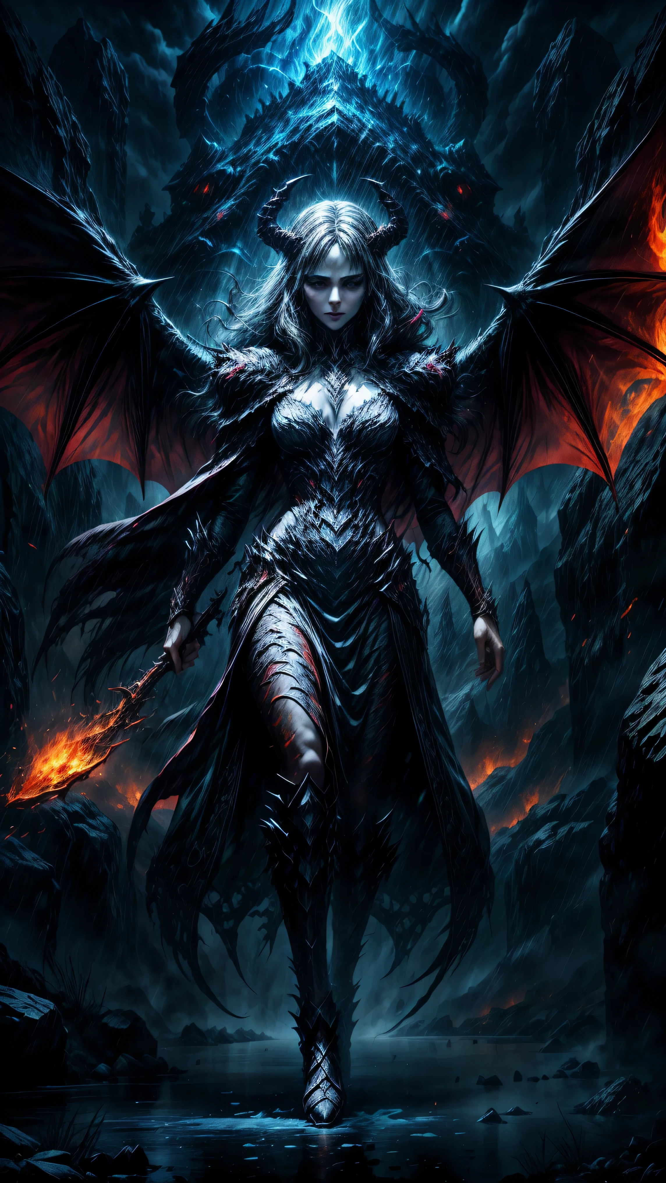 Full body portrait, (8k, RAW photo, highest quality), hyperrealistic, intricate abstract, intricate artwork, abstract style, striking portrait, menacing, otherworldly creature, (demoness:darkness:1.3), (flames:magma:1.4), with swirling flames cascading from its body, flaming wings, torrential rain, lightning, static electricity discharges, wet, soaked, icy landscape, cold desolate, (icy rocky:1.3) , fearsome power and ethereal presence, non-representational, colors and shapes, expression of feelings, imaginative, highly detailed, extremely high-resolution details, photographic, realism, fine texture, 4k, ultra-detailed, high quality, high contrast made of ice