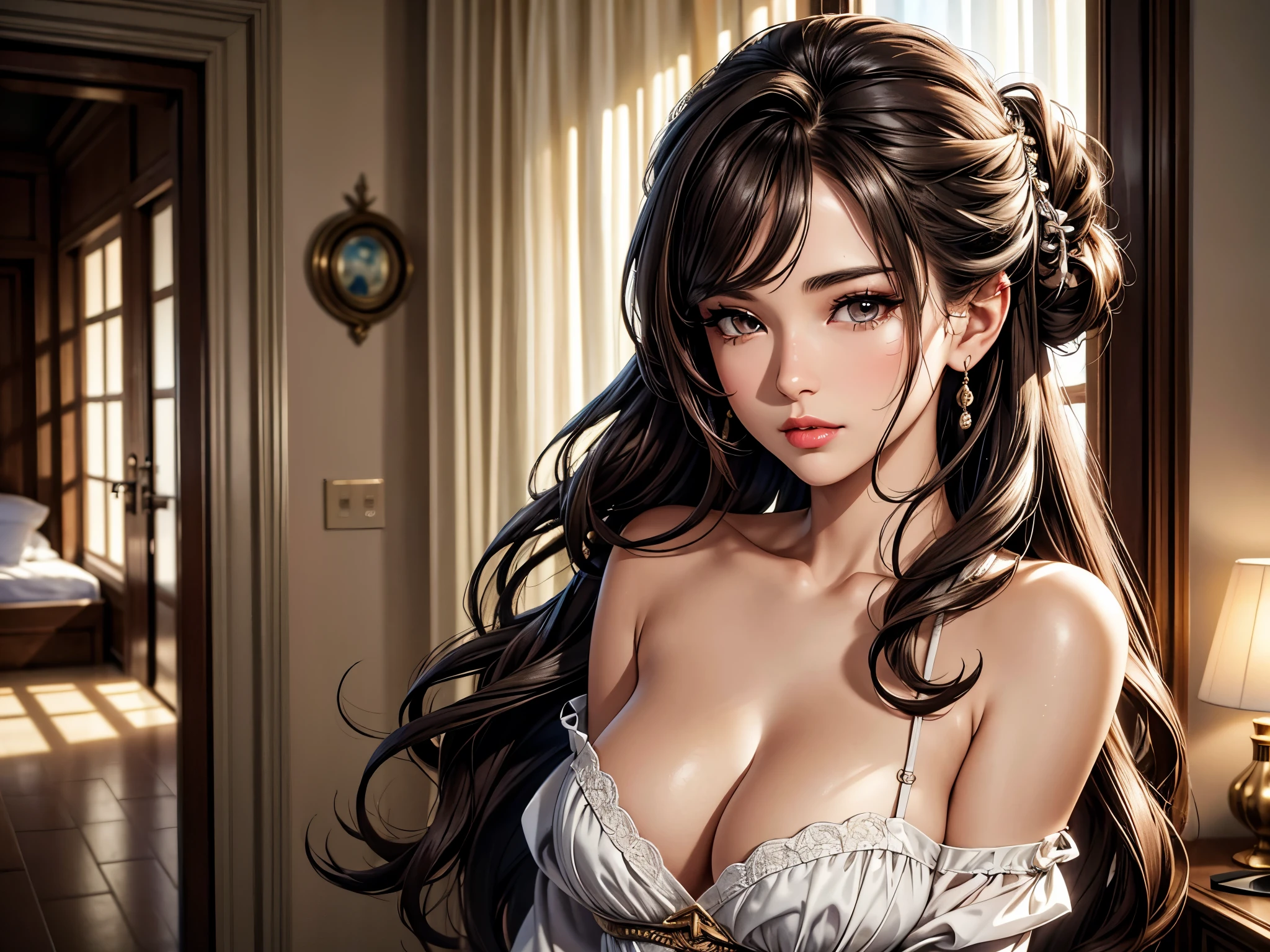 (best quality, 8K, masterpiece:1.3), pretty Woman, 1 girl, beautiful face, (Sexy), Dark brown hair, Half updo Half up half down, Ultra-detailed face, Detailed lips, super detailed eyes, double eyelids, long upper eyelashes, Soft skin, HD skin, Sabah, Sea Holiday House, sea, 8k, Super detailed, best quality detail, retina, Ultra-high resolution, masterpiece, ccurate