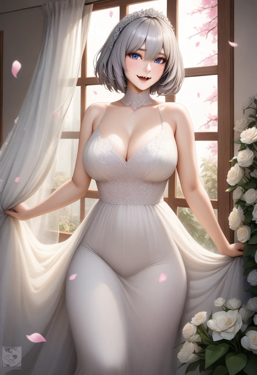 animetoreal, masterpiece, best quality, very aesthetic, absurdres, 1girl, mature_lady,wedding_dress,,uzaki_hana, uzaki-chan_wa_asobitai!, grey_hair, short_hair, blue_eyes, fang,,beside window,surrounding by flowers,falling_petals, petals,,