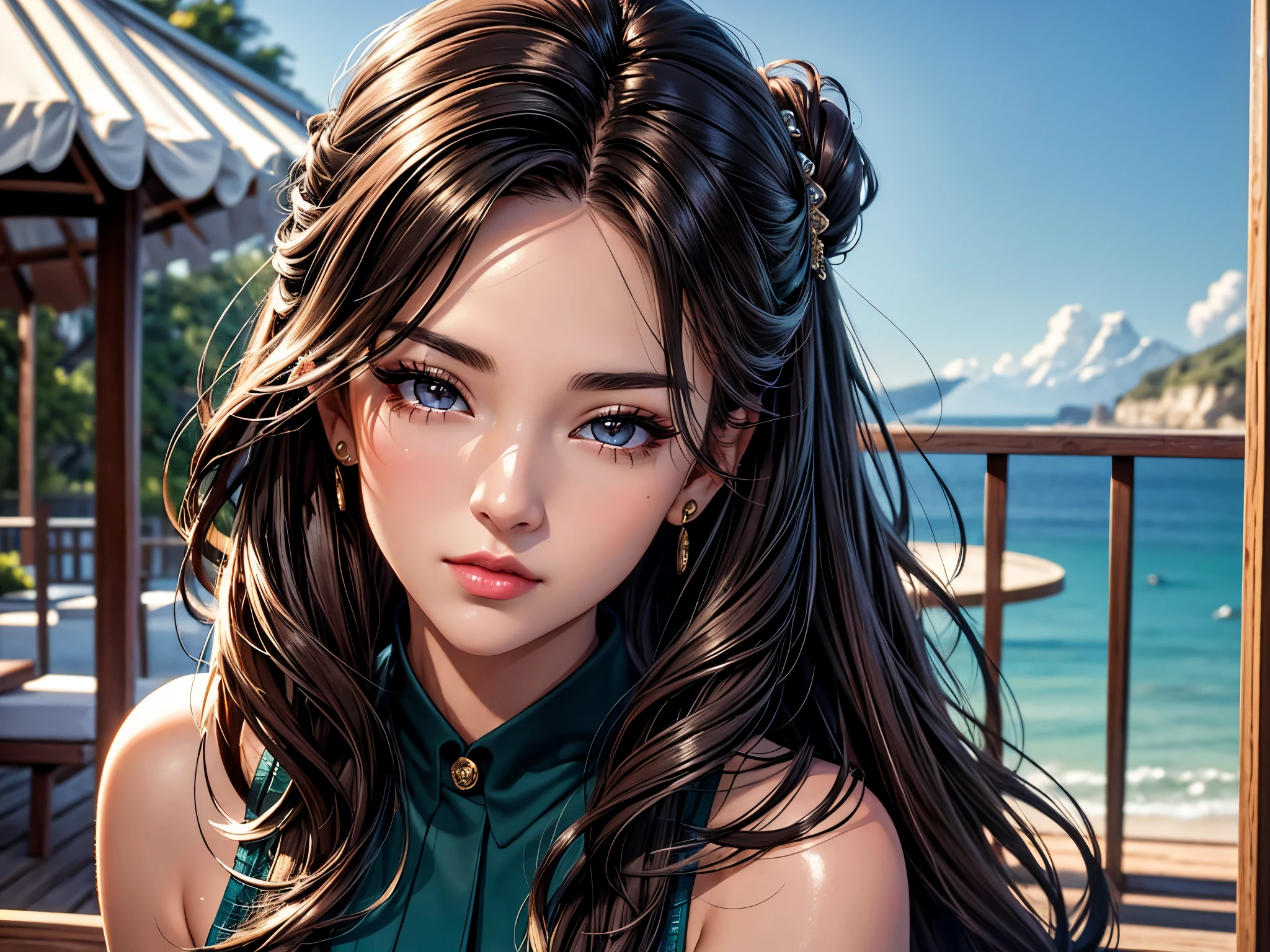 (best quality, 8K, masterpiece:1.3), pretty Woman, 1 girl, beautiful face, (Sexy), Dark brown hair, Half updo Half up half down, Ultra-detailed face, Detailed lips, super detailed eyes, double eyelids, long upper eyelashes, Soft skin, HD skin, Sabah, outdoor, Sea Holiday House, sea, 8k, Super detailed, best quality detail, retina, Ultra-high resolution, masterpiece, ccurate