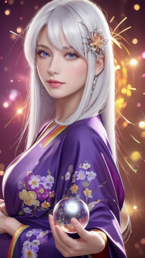 (Masterpiece: 1.3), (8k, photorealistic, raw photo, highest quality: 1.4), (single woman), beautiful face, (realistic face), (long hair), (silver hair, almost white hair, shiny hair, beautiful straight hair), (even bangs), (sharp bangs), straight hairstyle, realistic eyes, beautiful detailed eyes (purple eyes), (sharp eyes), (realistic skin), beautiful skin, (kimono), (magician's kimono), (flower hair ornament), attractive, ultra high resolution, ultra realistic, high definition, golden ratio, colorful background, (flowers blooming), (energy dancing background, flashy background, rainbow background), magician, looking forward, looking straight ahead, looking forward, eyes meeting, looking straight ahead, looking at you, holding a crystal ball, (heart crystal ball, love crystal ball). Anatomically correct, highest quality, accurate, high resolution, looking forward,