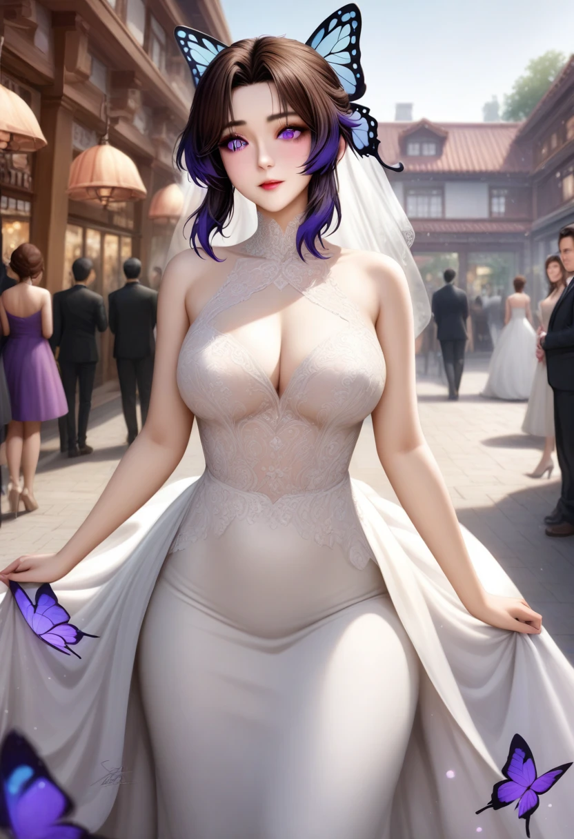 animetoreal, masterpiece, best quality, very aesthetic, absurdres, 1girl, mature_lady,wedding_dress,,Kochou Shinobu, Decorate hair with a butterfly, violet eyes, multi-colored hair, Short hair, Parted bangs,,in a plaza,floating_hair,