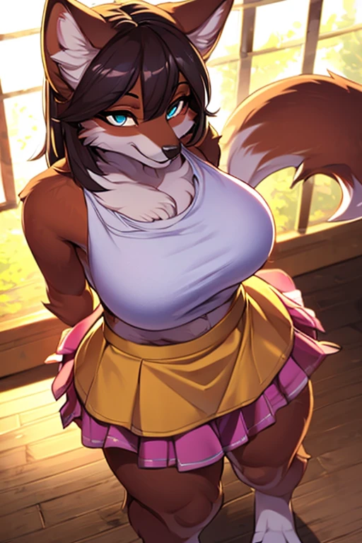 (anthro, fluffy fur, character focus:1.1), 1girl, anthro Fox girl, body fur, solo, medium breasts, (thick thighs:0.3), curvy,(upskirt:1.2)(seductive pose:1.2) (pinup)(high angle shot:1.2)