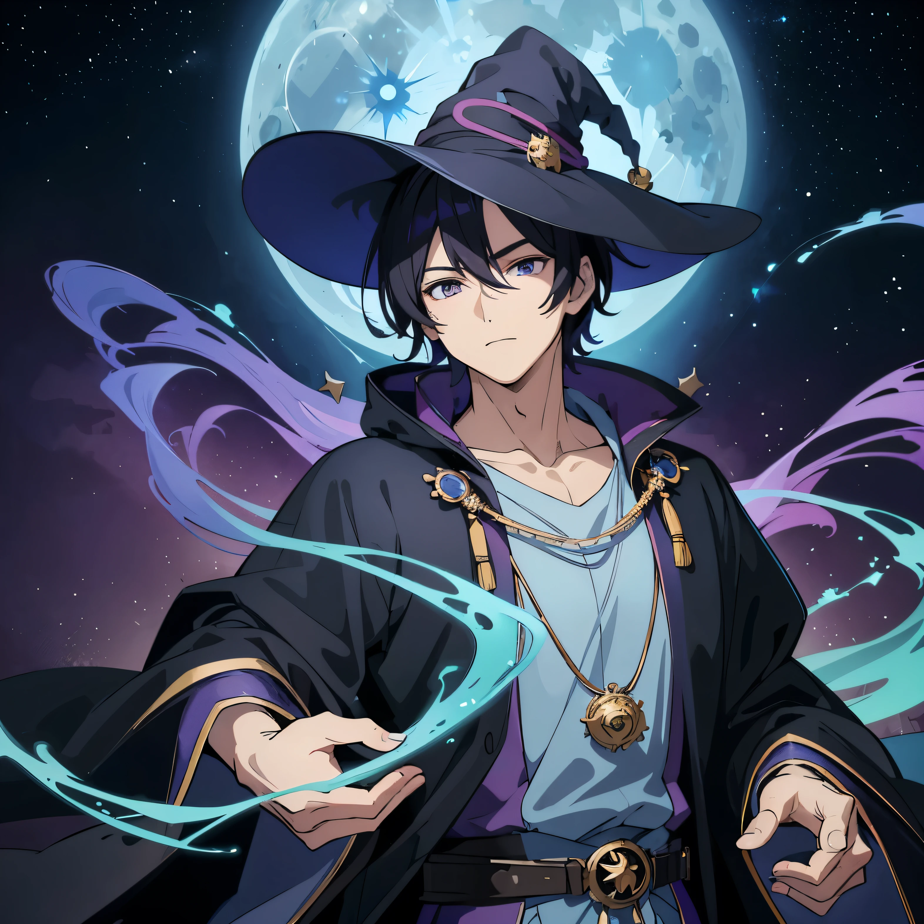 masterpiece, Highest quality, High resolution,Anime Style、gradient hair, black Hair、purple hair, Short Hair、male、Wizard、blue Wizard robe with moon symbols, blue magic hat with half moon, empty background、Upper body only, looking forward, manly