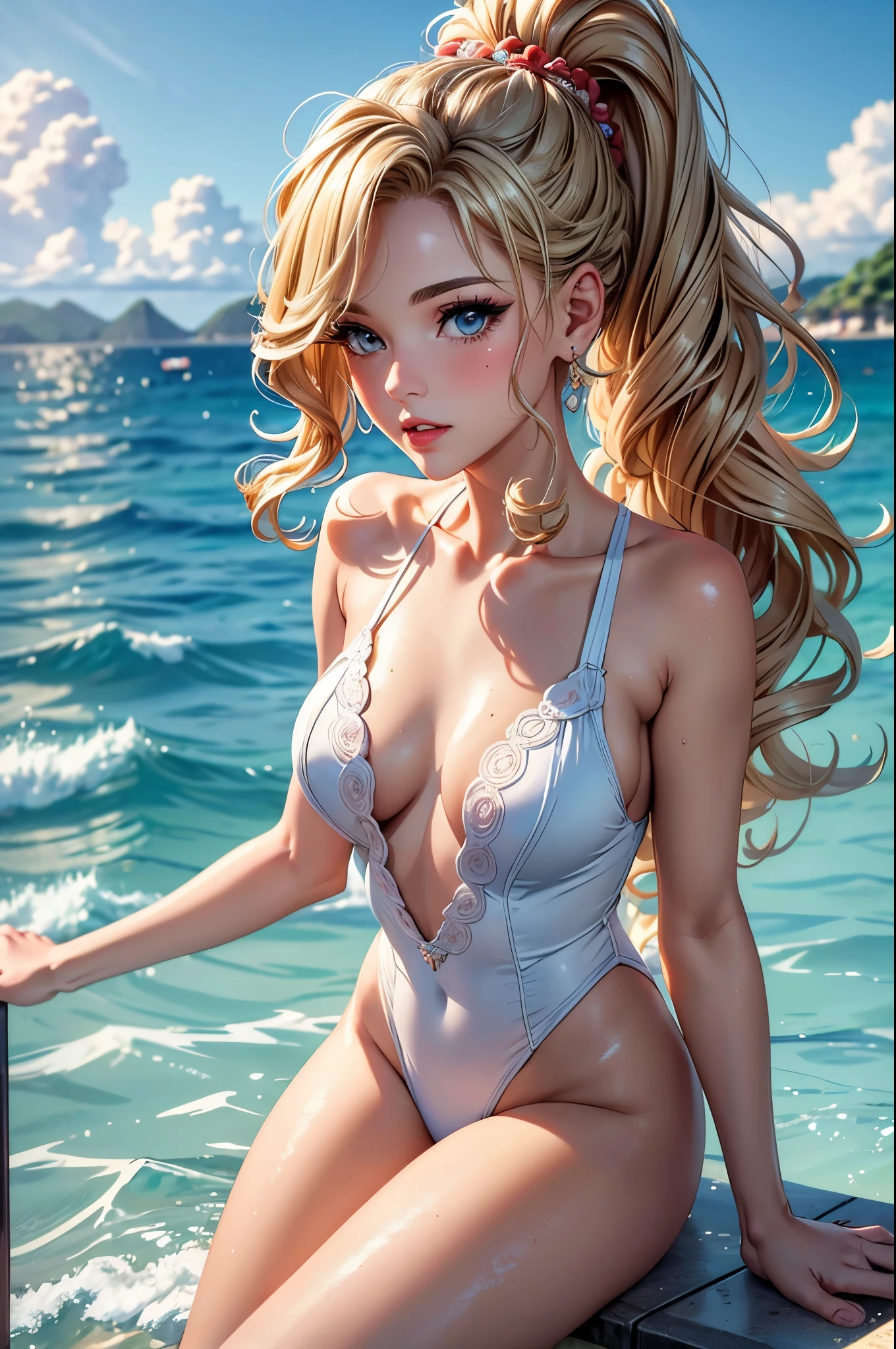 (best quality, 8K, masterpiece:1.3), pretty Woman, 1 girl, beautiful face, (Sexy), blonde hair, curly braided ponytail, white swimsuit, Ultra-detailed face, Detailed lips, super detailed eyes, double eyelids, long upper eyelashes, Soft skin, HD skin, Caribbean Sea, in the sea, in the sea, Half body in the sea, Coral Reef, small fish, 8k, Super detailed, best quality detail, retina, Ultra-high resolution, masterpiece, ccurate