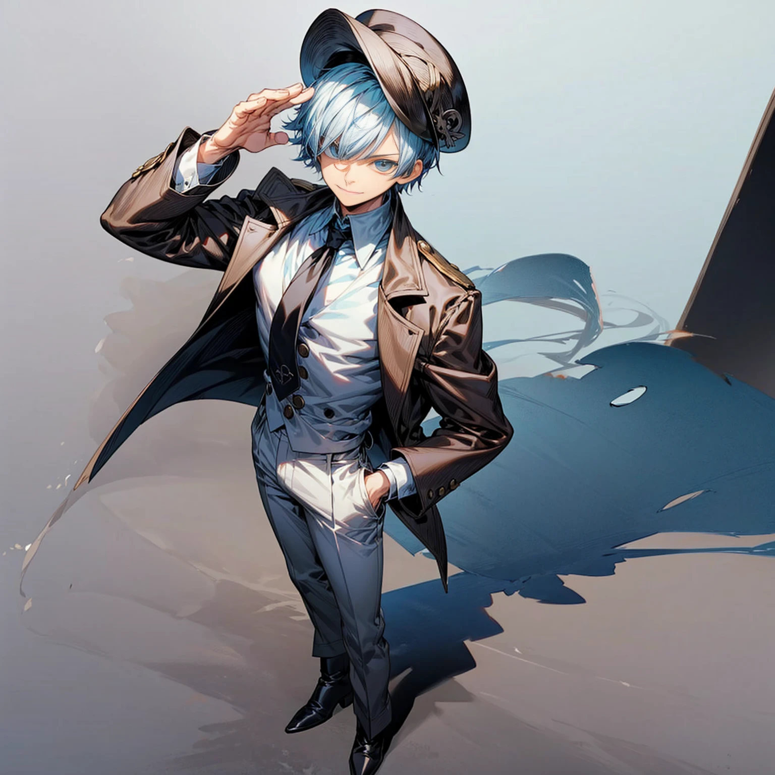 Solo character, boy, Full body version, blue half white colour hair, short haircut, Brown jacket, black shirt, white tie, blue trousers, boots, Baretta hat, black color hat, Grassroots, background white simple, standing gesture, shadow,, smile mouth, one eye is covered with hair, (one piece style art)
