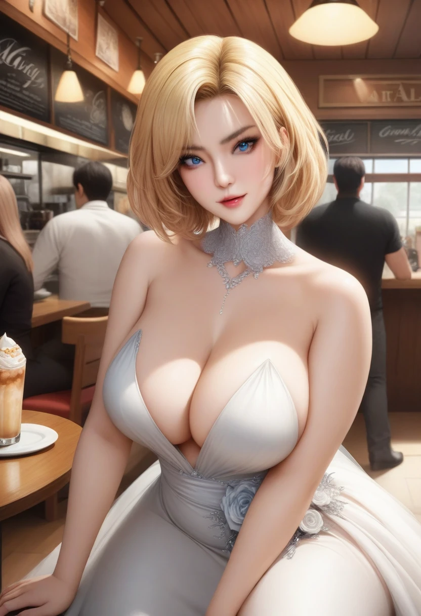 animetoreal, masterpiece, best quality, very aesthetic, absurdres, 1girl, mature_lady,wedding_dress,,blue_mary(fatal_fury), snk, the_king_of_fighters, 1girl, bare_shoulders, blonde_hair, blue_eyes,  short_hair, bob_cut,,in a cafe,floating droplets of water,