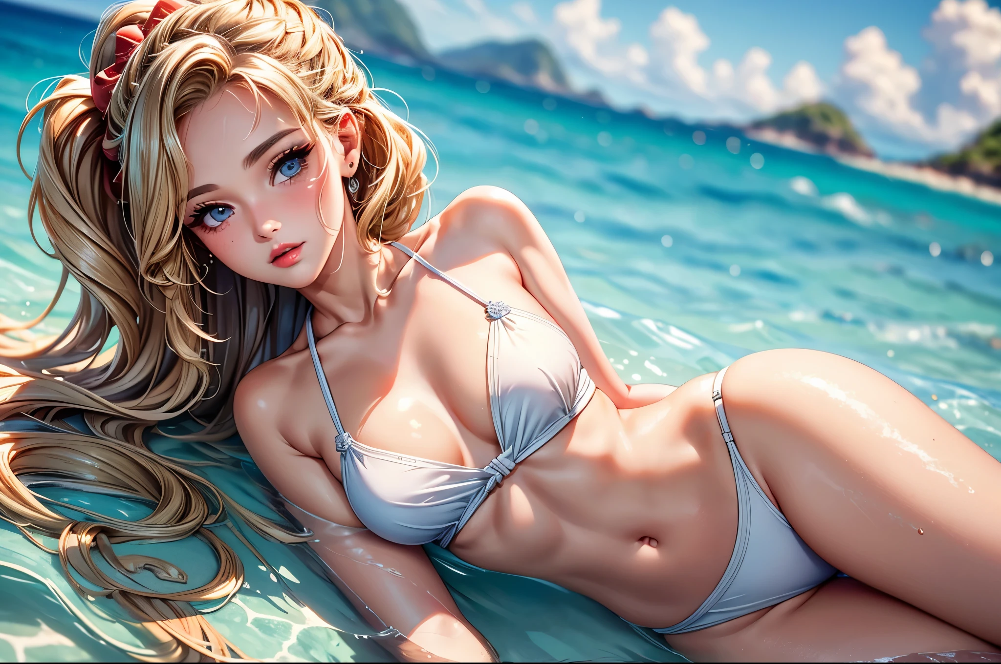 (best quality, 8K, masterpiece:1.3), pretty Woman, 1 girl, beautiful face, (Sexy), blonde hair, curly braided ponytail, White Swimsuit, Ultra-detailed face, Detailed lips, super detailed eyes, double eyelids, long upper eyelashes, Soft skin, HD skin, Caribbean Sea, in the sea, in the sea, Half body in the sea, Coral Reef, small fish, 8k, Super detailed, best quality detail, retina, Ultra-high resolution, masterpiece, ccurate