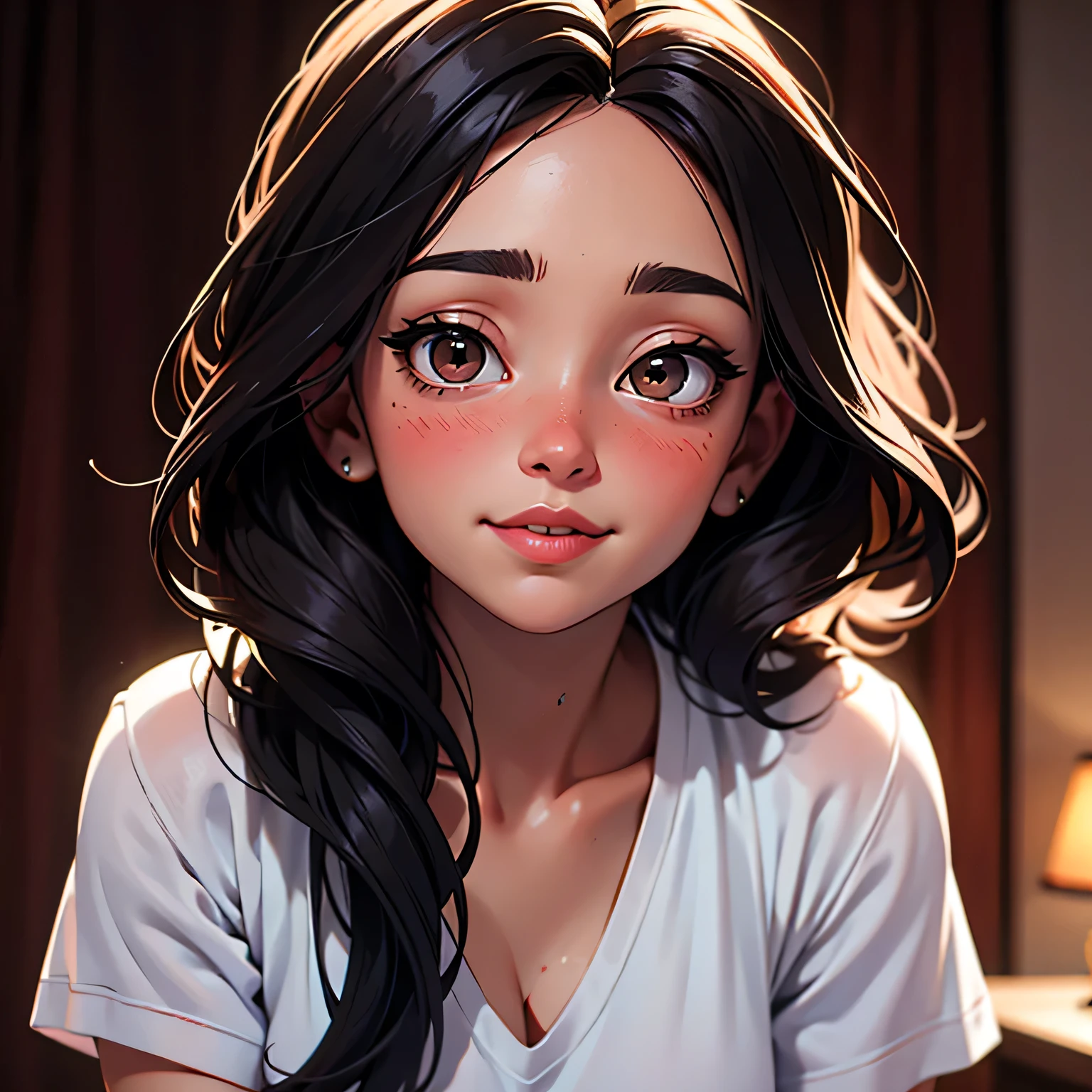 Amazing portrait of a sexy and cute woman with a beautiful face with black brown long straight hair and weak eyes wearing a long oversized white shirt glancing at us and blushing intensely and smiling at us while looking tantalizingly sexy standing very close to us