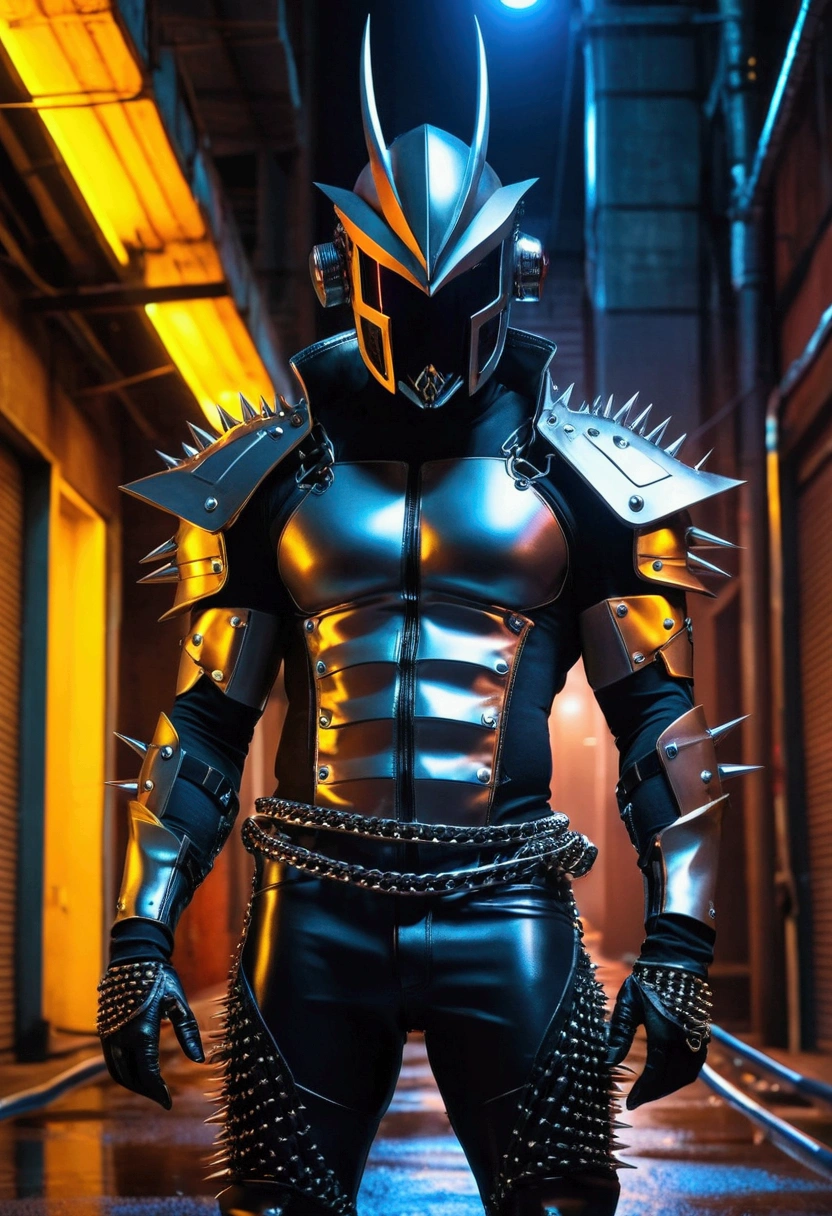 In a dark alley, Arataki itto burly in futuristic armor with spikes and chains, thigh high boots, with latex vibes, and a futuristic helmet covering his head slowly creeps forward with a large bulge in his crotch, Whole body, colorful neon cyberpunk style, muscular big arms and gothic style clothes with spiked chains and big bulge on his legs