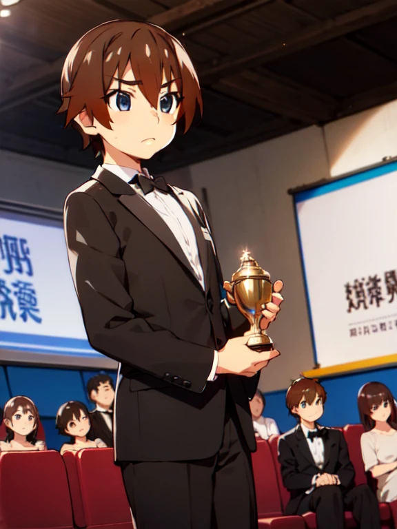 (Award-Winning Moment), (Keiichi_maebara), brown hair, Blue eyes, hair between eyes, 1 boy, (Award Ceremony), move, Award Announcement, audience, applause, tuxedo, (Acceptance speech), Eloquence, ((Small trophy)), 背景にaudience