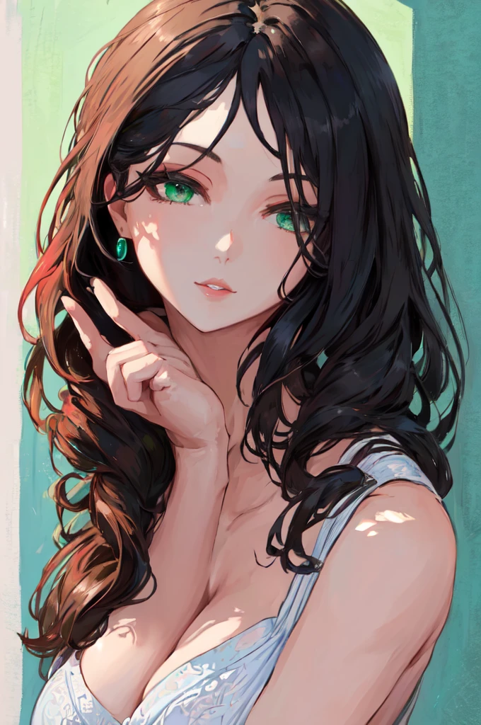 (best quality), (masterpiece), closeup, perfect lighting, perfect green eyes, (arrogant:1.3, slight smile:0.8), self-assured, looking at viewer, perfect lips, perfect face, 1girl, solo, posing for portrait, jewelry, pale skin, wavy hair, black hair, absurdres