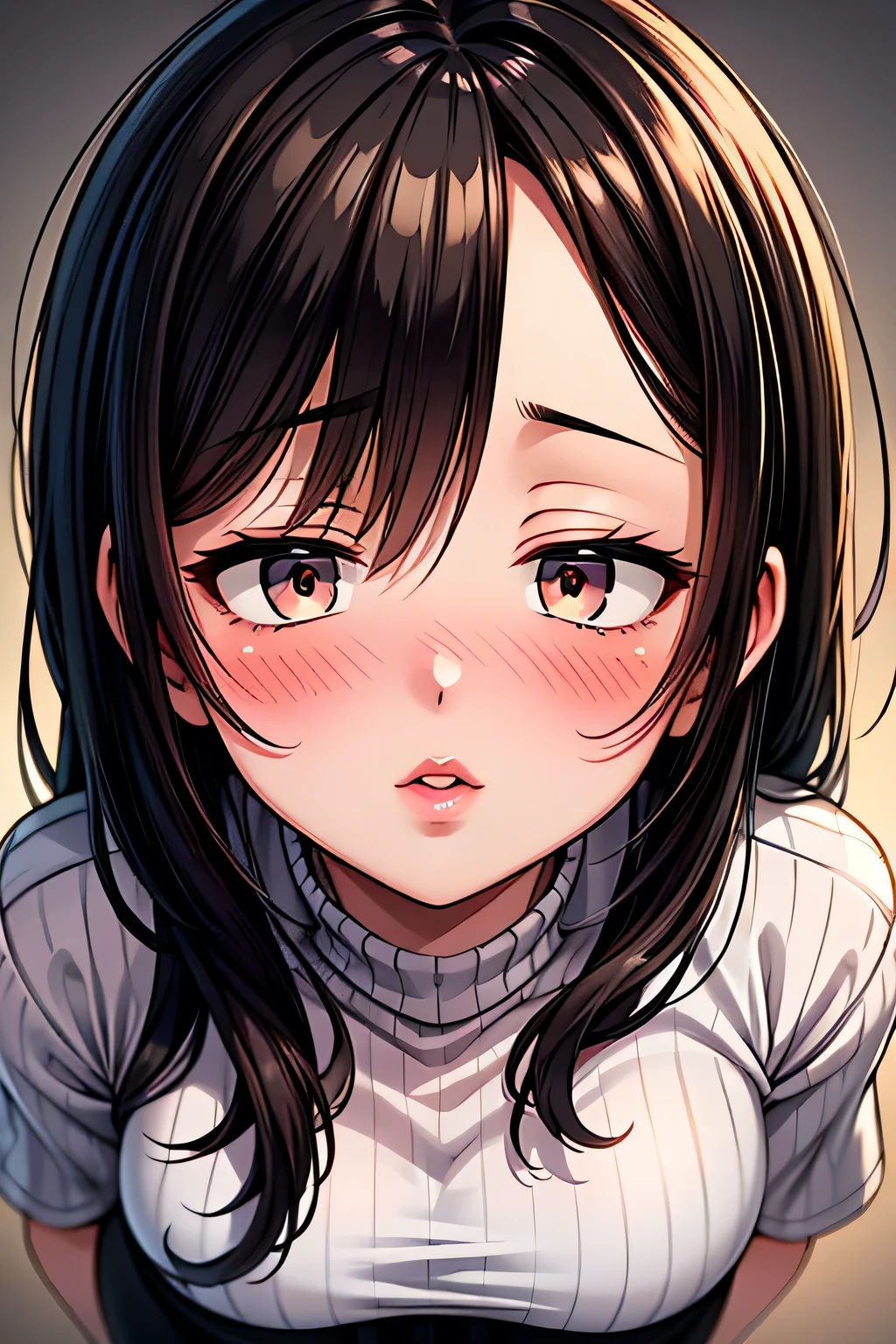 Amazing portrait of a sexy and cute woman with a beautiful face with black brown long straight hair and weak eyes wearing a long oversized white shirt glancing at us and blushing intensely and parting her perfect pink lips while looking tantalizingly sexy standing very close to us