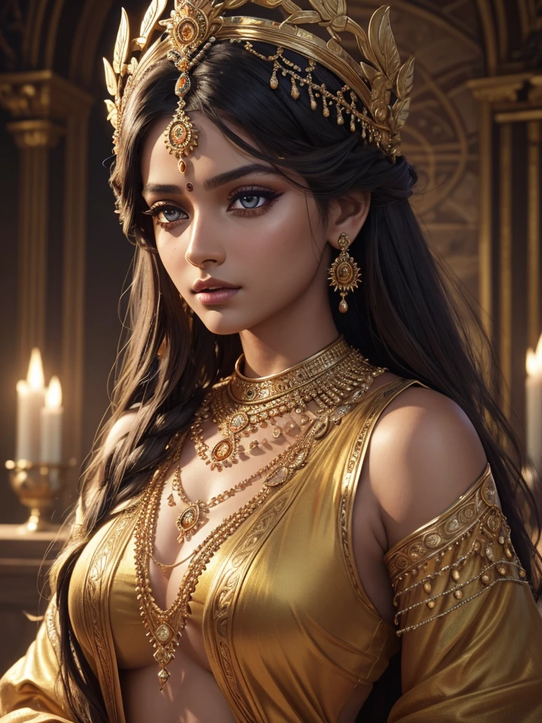 goddess matangi, 1girl, beautiful detailed eyes, beautiful detailed lips, extremely detailed face, long eyelashes, intricate jewelry, glowing aura, divine elegant pose, golden crown, flowing robe, (best quality,4k,8k,highres,masterpiece:1.2),ultra-detailed,(realistic,photorealistic,photo-realistic:1.37),vibrant colors,dramatic lighting,digital art,concept art,cinematic composition