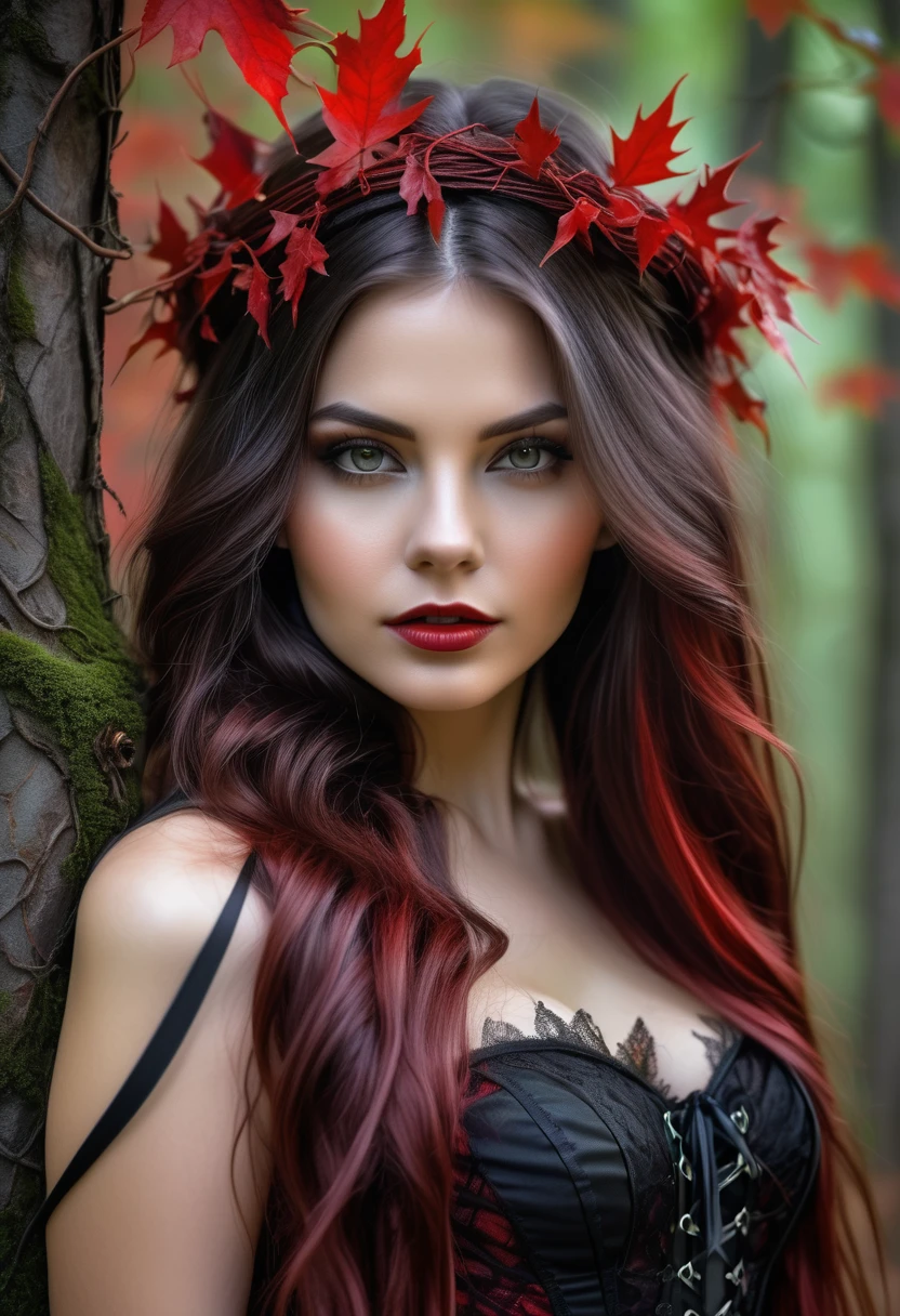 slender brunette with long hair in dark fantasy. Individual red strands in hair. a corset. black translucent fabric. lace. very beautiful forest witch. slender legs. peeking out from behind a tree. On the head there is a wreath of maple leaves, on the hands are bracelets made of flexible vines with leaves and thorns. One hand down, There is a branch with leaves in it.