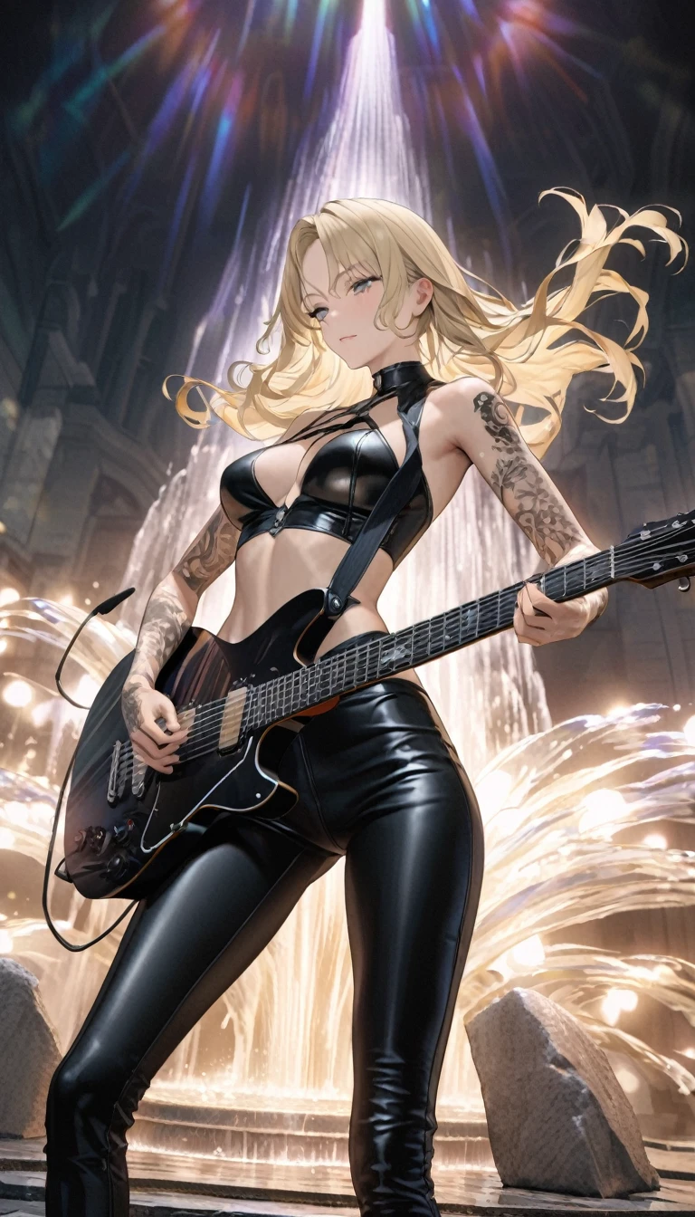 best quality, super fine, 16k, extremely detailed, 2.5D, delicate and dynamic, beautiful and cool rock guitarist playing guitar solo while standing in the center of stone fountain, cool guitar with star-shaped body, slim and tight leather outfit, tattoo on arms, blonde hair, mysterious and fantastical light-up effect