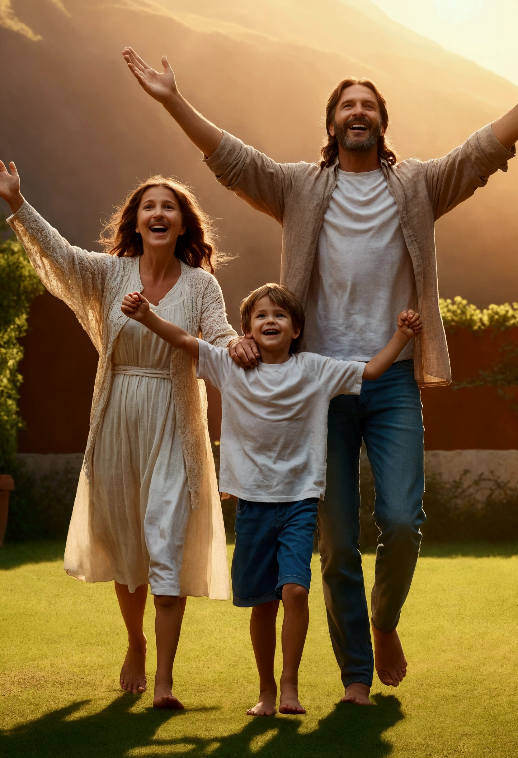 a photo where a family consisting of a father, a mother and two children, A boy and a , everyone is happy and Jesus stands with open arms behind this family, as if they protected cinematic quality, 8k, ultra detaild, photo quality