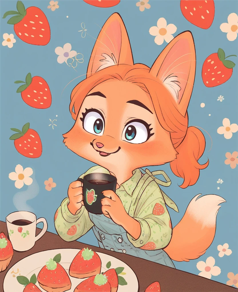 little fox, kid girl fox, little kid, ginger fur, long hair, ginger hair, blue eyes, dusty-pink nose, fox tail, fox ears, face similar of Diane Foxington, kid, cute, wearing a pink pijama, cute pijama, on the kitchen, siting on chair in front of a table, a plate with strawberry cake, holding a cup with coffee, chibi, alone, ginger hair, tied hair, smile, sleepy, cartoon, toon, chibi, cute girl, alone