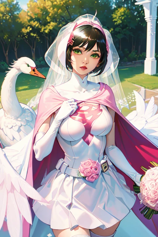 (((masterpiece)),((Highest quality)),((High resolution)), Outdoor, Daytime, Upper Body, Viewer, One person, concentrated, break, Year_Classic_jun_Gatchaman_My waifu, Jun the Swan, One personの女の子, chest, lips, 中chest, 大chest, Green Eyes, lipstick, compensate, eyelash, eye shadow, visor, Helmet, Cape, Elbow pocket, Knee socks, belt, White gloves, Absolute area,, skirt, White legwear, Superhero, leotard, (((Pink Wedding Dress:1.3))), 白いCape, ピンクのleotard, , Short Wedding Dresses,