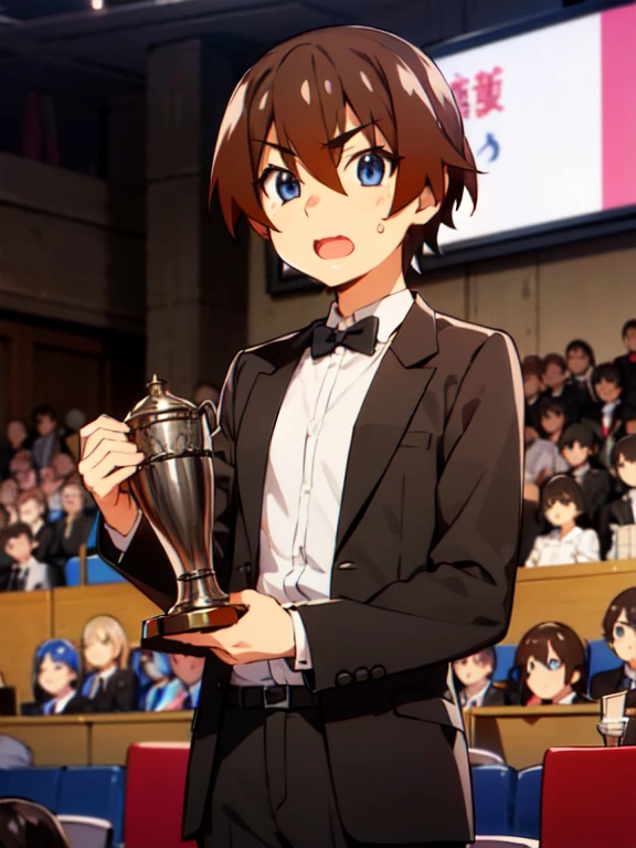 (Award-Winning Moment), (Keiichi_maebara), brown hair, Blue eyes, hair between eyes, 1 boy, (Award Ceremony), move, Award Announcement, audience, applause, tuxedo, (Acceptance speech), Eloquence, ((Small trophy)), 背景にaudience