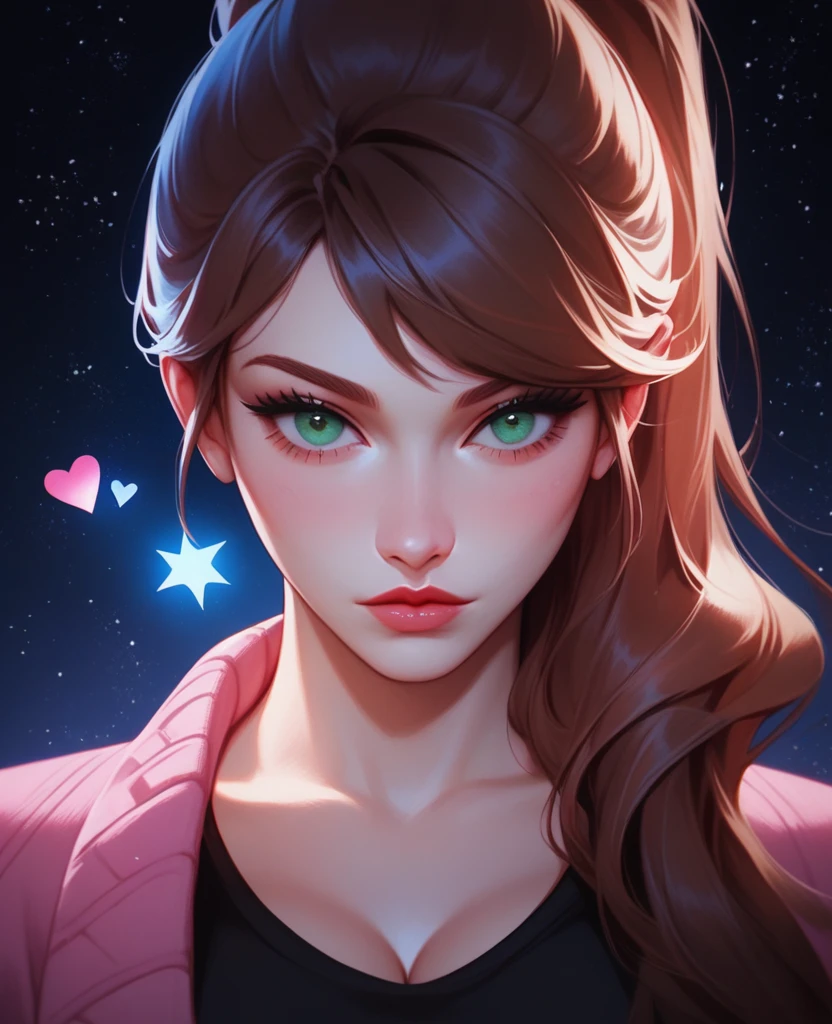 score_9,score_8_up,score_7_up, portrait of a glamorous woman, sultry, brown hair, swept bangs, ponytail, pink sweater, black shirt, cleavage, green eye. blue eye, starry dark background, shiny neon hearts, up close, dark shadows, realistic, long eyelashes