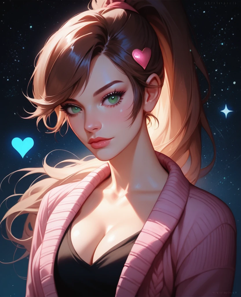 score_9,score_8_up,score_7_up, portrait of a glamorous woman, sultry, brown hair, swept bangs, ponytail, pink sweater, black shirt, cleavage, green eye. blue eye, starry dark background, shiny neon hearts, up close, dark shadows, realistic, long eyelashes