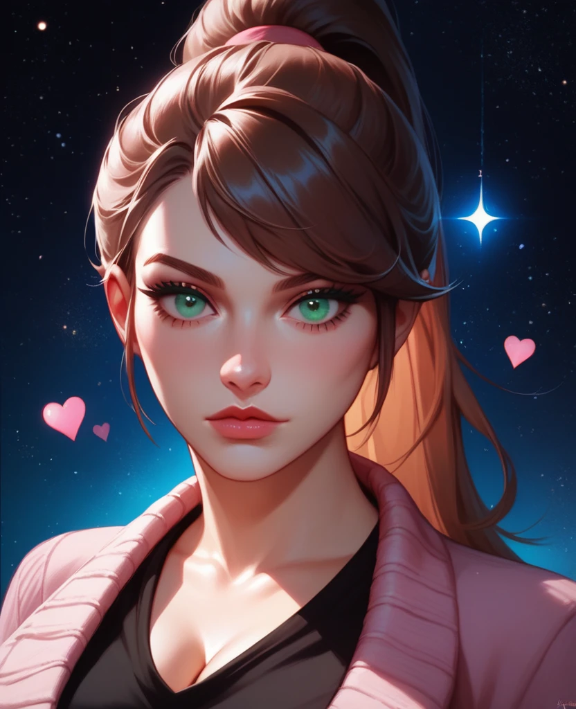 score_9,score_8_up,score_7_up, portrait of a glamorous woman, sultry, brown hair, swept bangs, ponytail, pink sweater, black shirt, cleavage, green eye. blue eye, starry dark background, shiny neon hearts, up close, dark shadows, realistic, long eyelashes