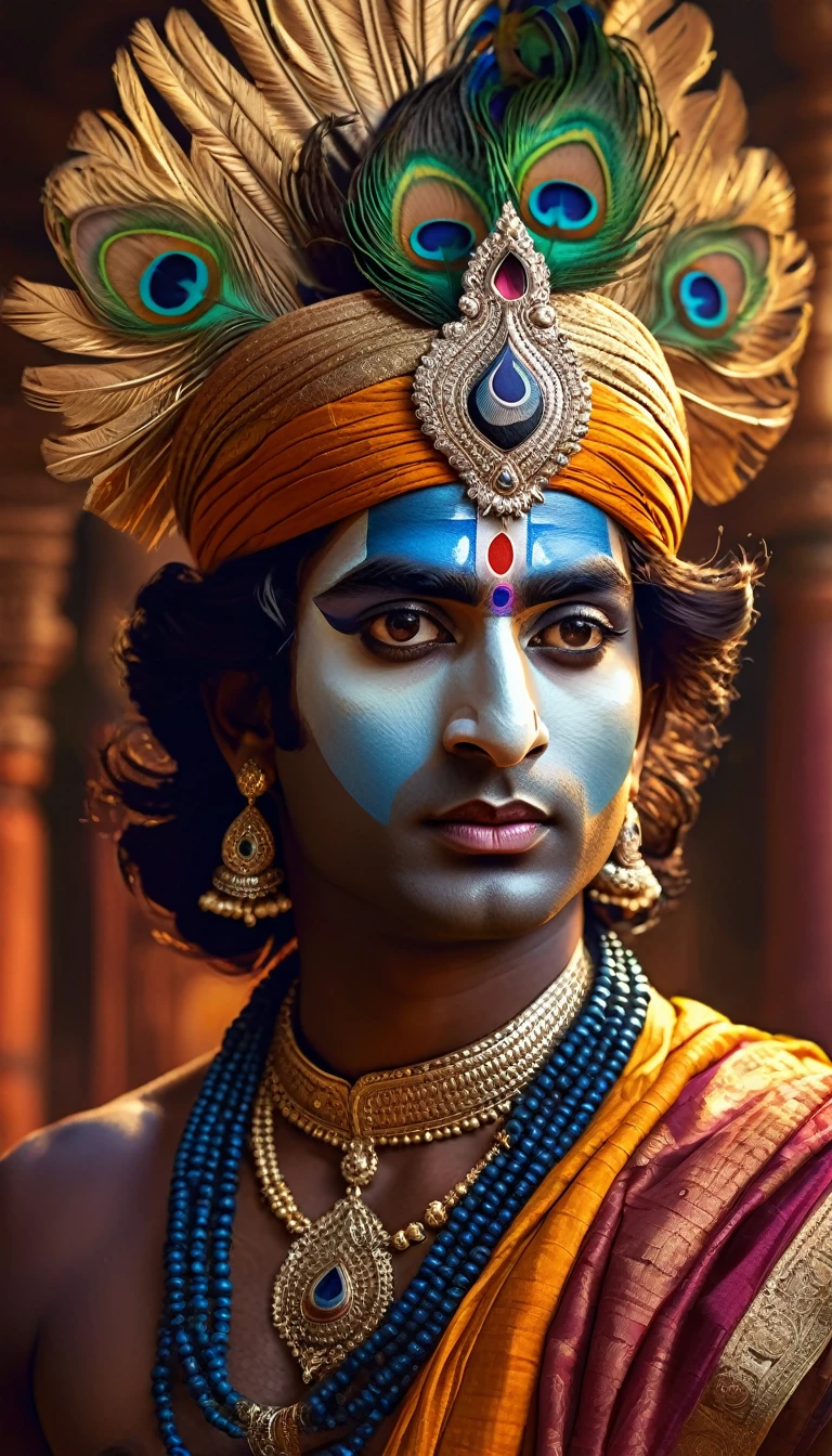 intricate detailed portrait of lord krishna, dark skin tone, incredibly handsome, athletic muscular physique, face partially obscured, scene from mahabharata kurukshetra war, cinematic dramatic lighting, rich colors, vastu shastra inspired composition, masterpiece