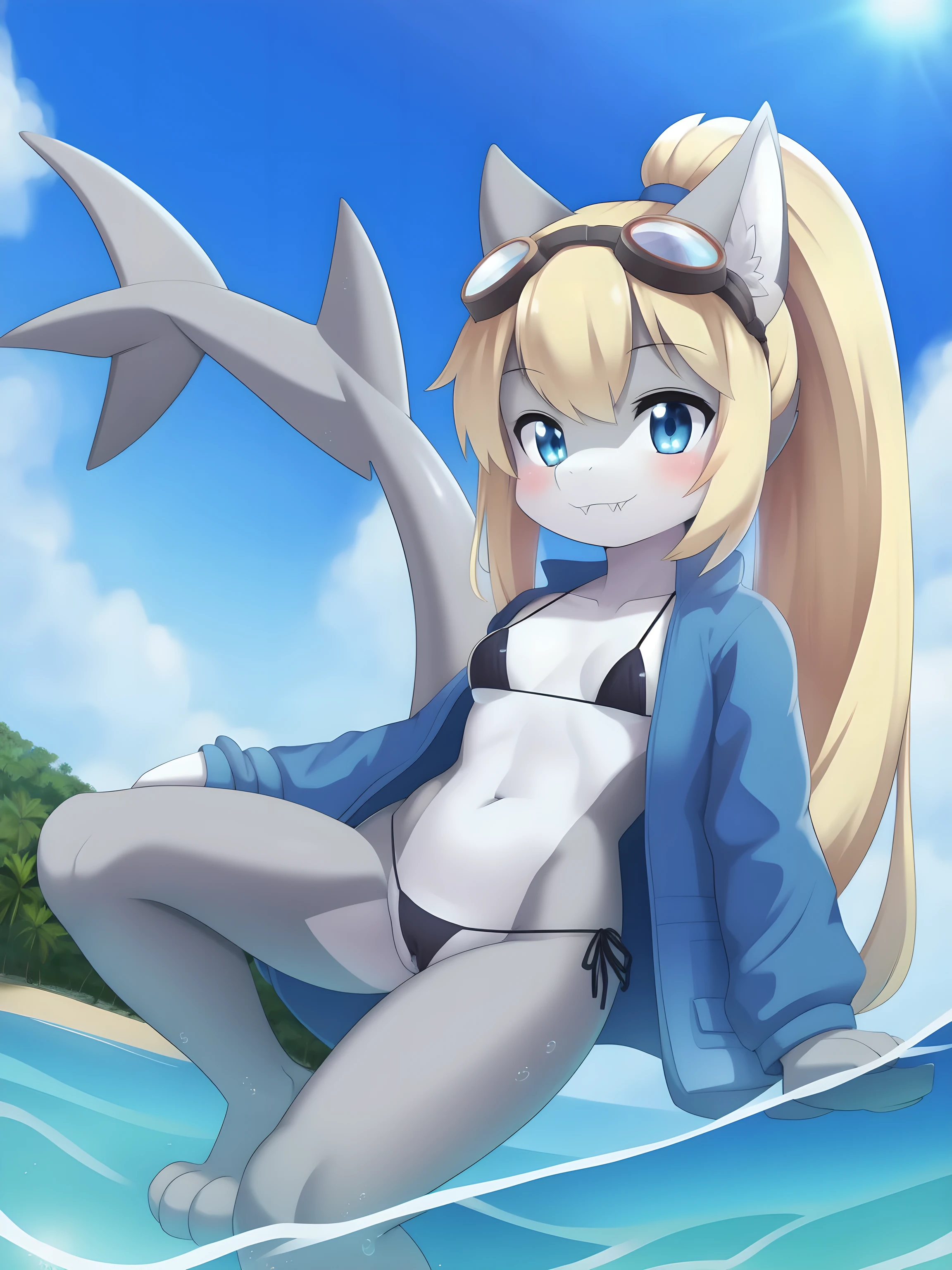 Shark girl, anthro, young, cute hair, long ponytail, blonde hair, blue eyes, medium breasts, detailed body, furry ears, shark nose, ((goggles, blue jacket, open clothes, black micro bikini)), masterpiece, looking at you, two tone body skin, gray body skin, clear gray body skin, detailed face, detailed eyes, detailed body, perfect lighting, perfect shadows, perfect eyes, perfect hair, perfect face, gorgeous body, detailed hands, glistering body, shiny body, skinny, spectacular effect, beach, clear sky, fangs, :3, full body, feets with three toes, control of water magic, water power, water, action: water control magic, water particles, pussy cameltoe, pubic hair