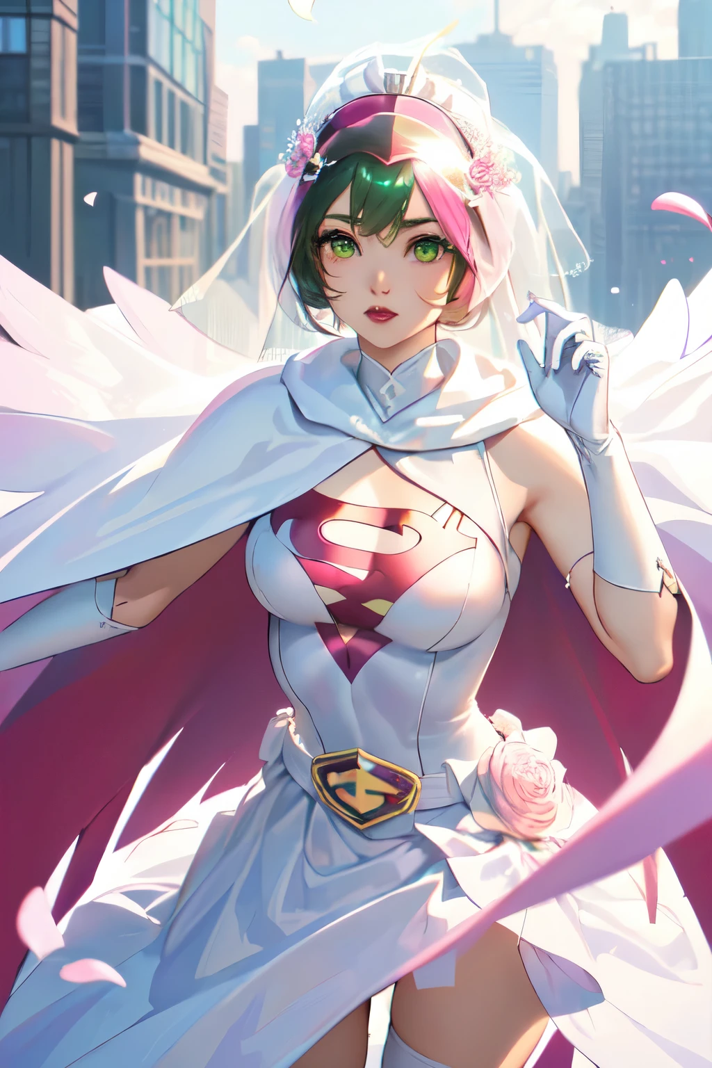 (((masterpiece)),((Highest quality)),((High resolution)), Outdoor, Daytime, Upper Body, Viewer, One person, concentrated, break, Year_Classic_jun_Gatc​​haman_My waifu, Jun the Swan, One personの女の子, chest, lips, 中chest, 大chest, Green Eyes, lipstick, compensate, eyelash, eye shadow, visor, Helmet, Cape, Elbow pocket, Knee socks, belt, White gloves, Absolute area, mask, skirt, White legwear, Superhero, leotard, (((Pink Wedding Dress:1.3))), 白いCape, ピンクのleotard, , Short Wedding Dresses,
