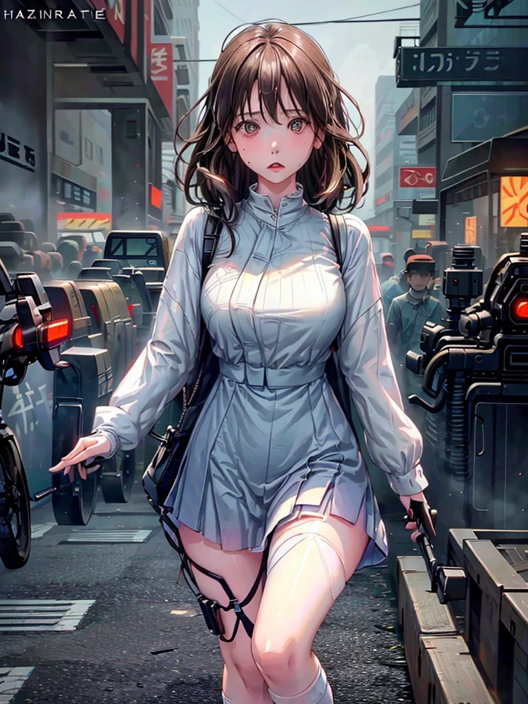 hyperrealisti, work of art, very detailled, sci-fi, dystopian, (gorgeous eyes ), (bangss), Brunetette, Woman, face detailed, skin detailed, Loose Clothes, high socks, overskirt, cyber punk, smooth light, underground dispersal,((horizont)), cumulonimbus clouds, busy street, polluted, dust,