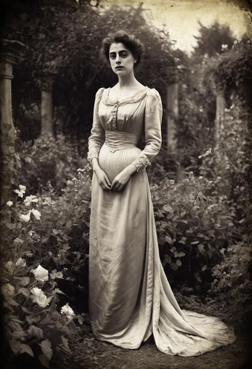 old picture of a women lady in a silk dress, with a dead garden background in the style of John Singer Sargent, horror, desaturated, antique period, aged marks