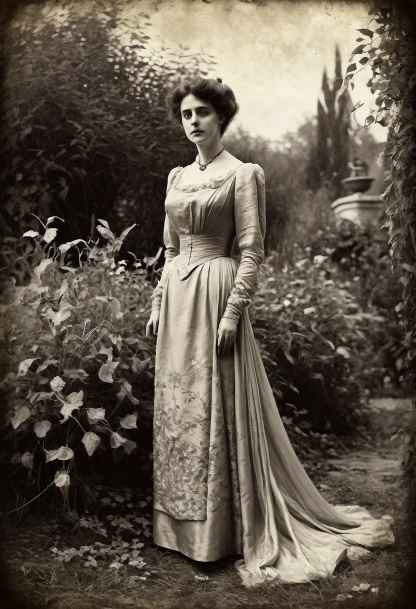 old picture of a women lady in a silk dress, with a dead garden background in the style of John Singer Sargent, horror, desaturated, antique period, aged marks