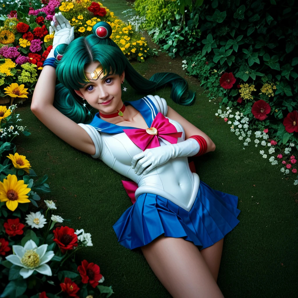 (Extreme Detail CG Unity 8K wallpaper, masterpiece, highest quality), (exquisite lighting and shadow, highly dramatic picture, cinematic lens effect), (Sailor Moon: 1.4), delicate facial features, charming smile, star eyes, ((dark green hair)), tight top, white gloves, mini skirt, dynamic pose, lying in the garden), (background in a garden full of flowers) (excellent detail, outstanding lighting, wide angle), (excellent rendering, enough to be proud of its kind),