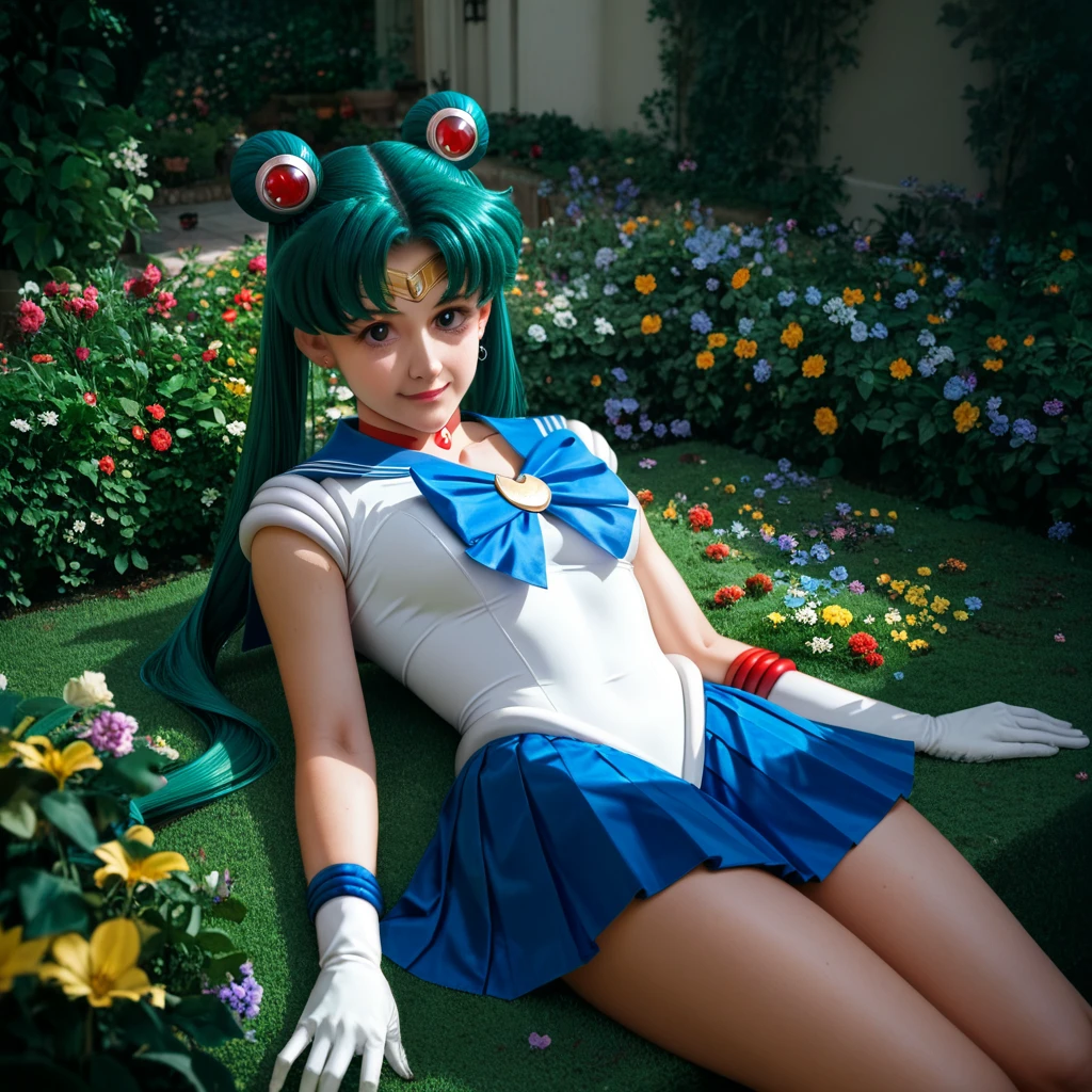 (Extreme Detail CG Unity 8K wallpaper, masterpiece, highest quality), (exquisite lighting and shadow, highly dramatic picture, cinematic lens effect), (Sailor Moon: 1.4), delicate facial features, charming smile, star eyes, ((dark green hair)), tight top, white gloves, mini skirt, dynamic pose, lying in the garden), (background in a garden full of flowers) (excellent detail, outstanding lighting, wide angle), (excellent rendering, enough to be proud of its kind),