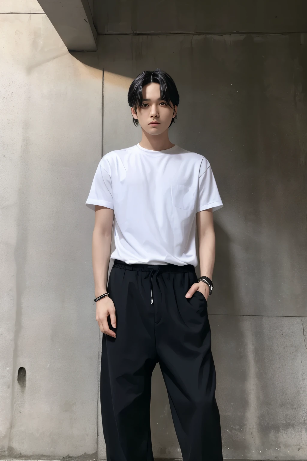 A man with dark hair, wearing a black shirt with rolled up cuffs, black wide pants and white sneakers