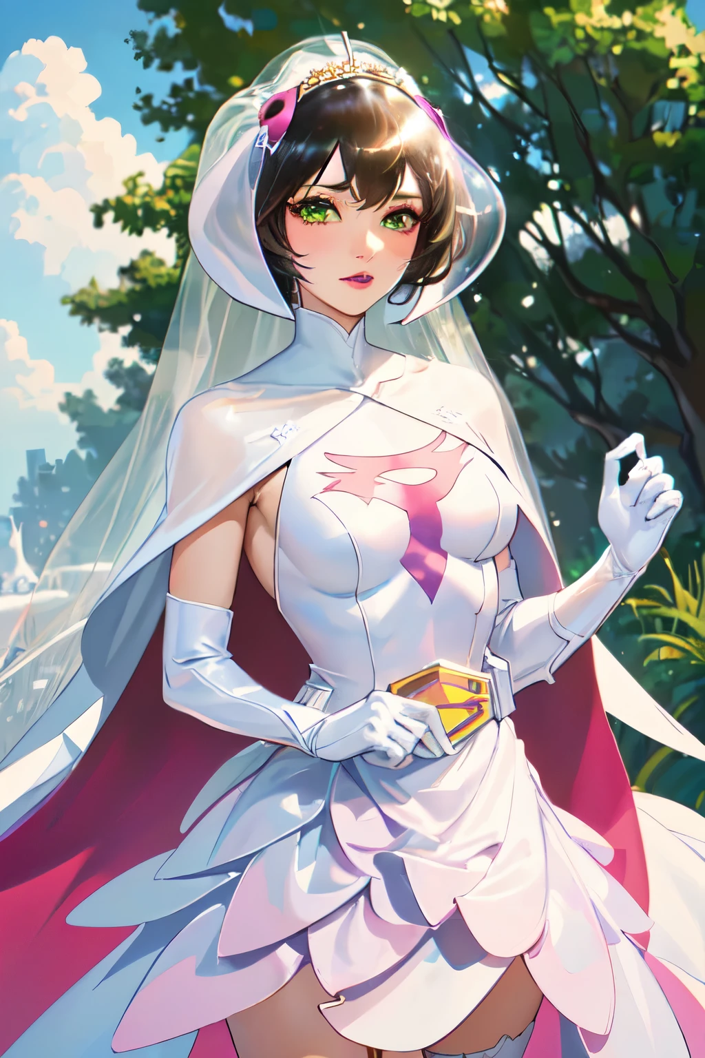 (((masterpiece)),((Highest quality)),((High resolution)), Outdoor, Daytime, Upper Body, Viewer, One person, concentrated, break, Year_Classic_jun_Gatchaman_My waifu, Jun the Swan, One personの女の子, chest, lips, 中chest, 大chest, Green Eyes, lipstick, compensate, eyelash, eye shadow, visor, Helmet, Cape, Elbow pocket, Knee socks, belt, White gloves, Absolute area,, skirt, White legwear, Superhero, leotard, (((Pink Wedding Dress:1.24)), 白いCape, ピンクのleotard, , Short Wedding Dresses,