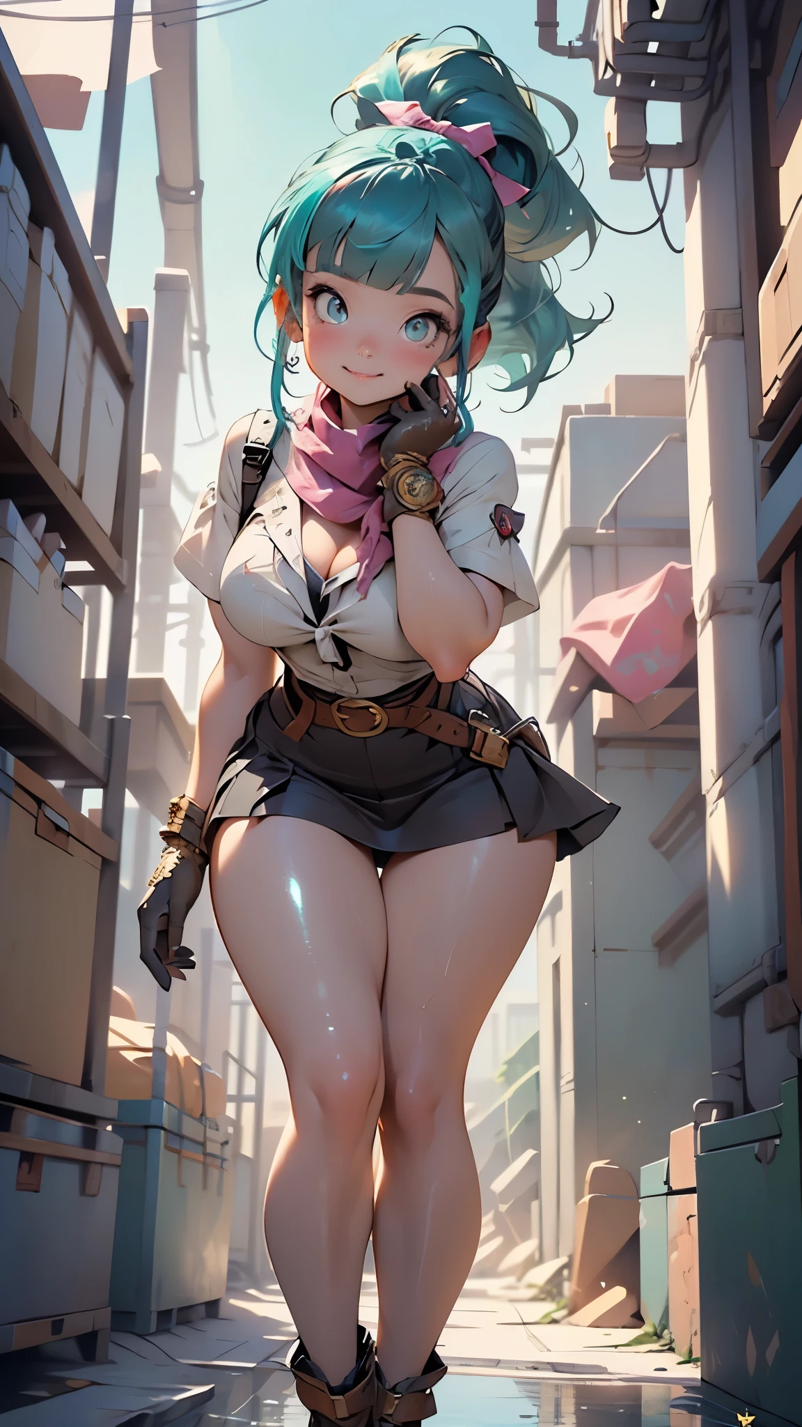 (((Bulma from dragonball z))),cute girl,(((1girl))),((girl with extremely cute and beautiful aqua hair)),
(large breasts:1.4),saggy breasts,(((aqua hair, blunt bangs,ponytail, aquamarine hair, hair ribbon, braided ponytail long hair))),(((aqua_eyes:1.3))),intricate eyes,beautiful detailed eyes,symmetrical eyes,big eyes:1.3,((fat)),(((lustrous skin:1.5,bright skin: 1.5,skin tanned,shiny skin,very shiny skin,shiny body,plastic glitter skin,exaggerated shiny skin,illuminated skin,wet legs))),(spider lower abdomen,narrow waist,wide hip,athletic body,inflated legs, thick thighs,detailed body,(detailed face)),big ass, thick thighs, slim curves, good anatomy,
cute,slutty,seductive,erotic,(nsfw),
steampunk pink shirt,steampunk belt, steampunk scarf, pink skirt, steampunk writing clothes, steampunk brown gloves, waving,
( sensual pose:1.0),solo focus,embarrassed,smile,(centered,scale to fit dimensions,Rule of thirds),
((steampunk,industrial revolution)),scenery:1.25,((intricate scenery)),((steampunk, background)),
(Glossy steampunk ornaments),highres,sharp focus,(ultra detailed,extremely detailed),(photorealistic artwork:1.37),(extremely detailed CG unity 8k wallpaper),(((vibrant colors,vibrant theme))),(intricate),(masterpiece),(best quality),artistic photography,(photography taken by sldr),(intricate background),perfect rendered face,perfect face details,realistic face,photo realistic,((intricate detail)),(((realism))),